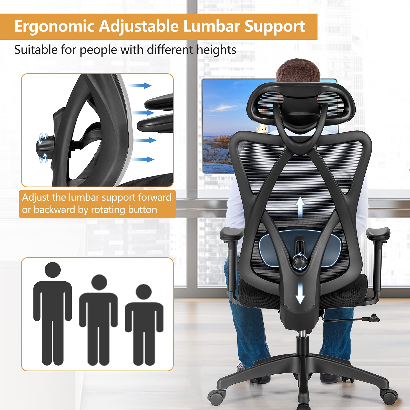 KOMFOTT Ergonomic Office Chair with Adjustable Lumbar Support, Armrests and Headrest