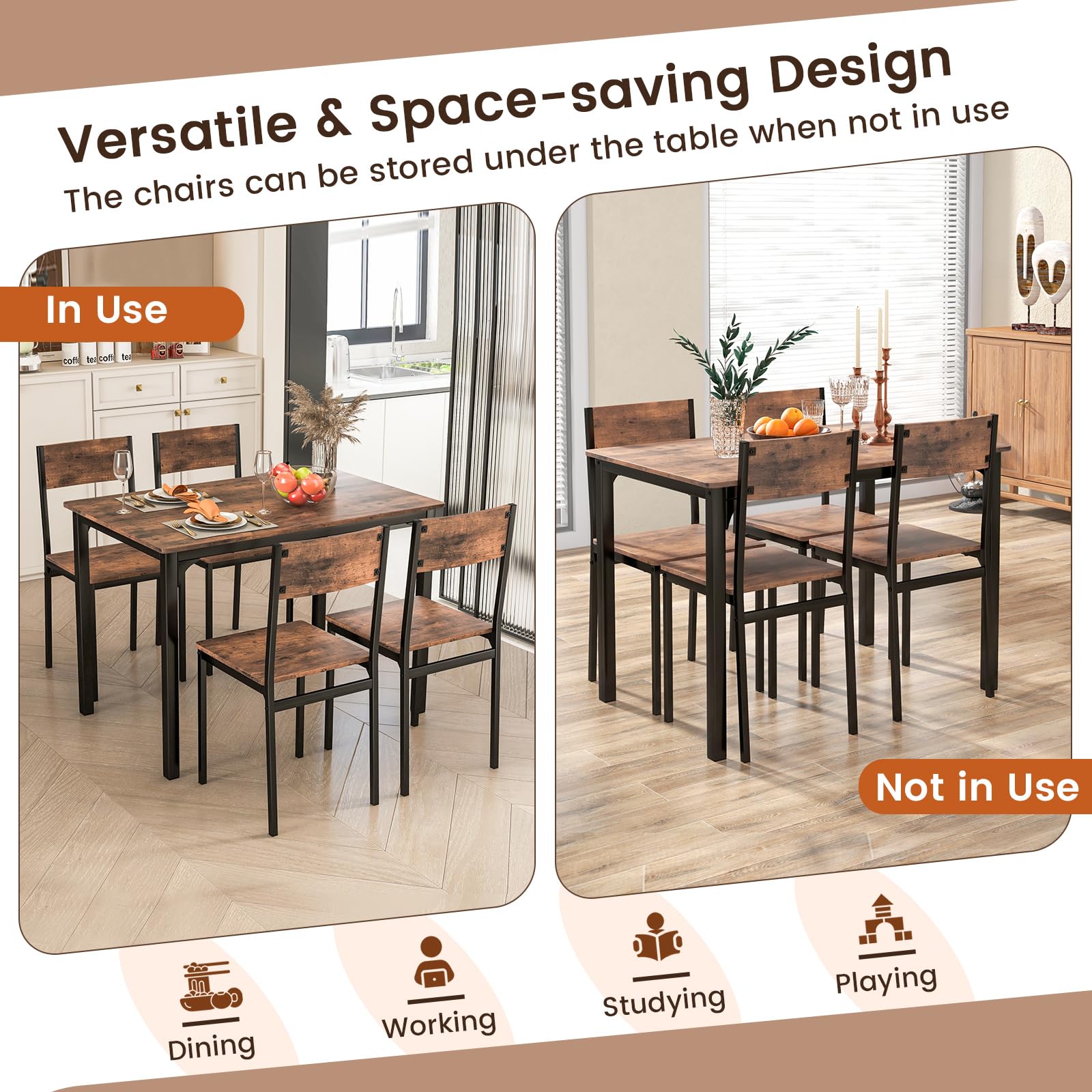 KOMFOTT 5-Piece Dining Table Set, Industrial Kitchen Table and Chairs for 4 with Backrest and Metal Frame, Rectangular Space-Saving Dinette Set