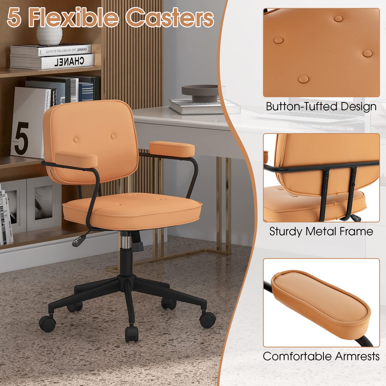 KOMFOTT Mid Century Leather Office Chair Orange, Height Adjustable Desk Chair with Rocking Backrest & Padded Armrest