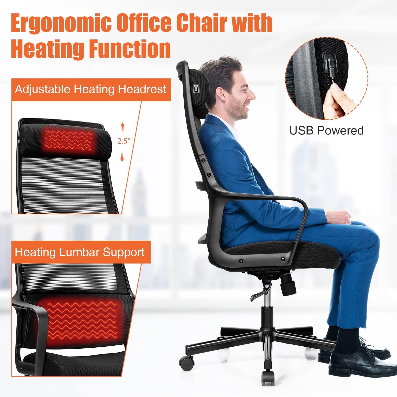 KOMFOTT High Back Mesh Heating Headrest and Lumbar Support Armrest, Ergonomic Computer, Executive Task Home Office Desk Chairs