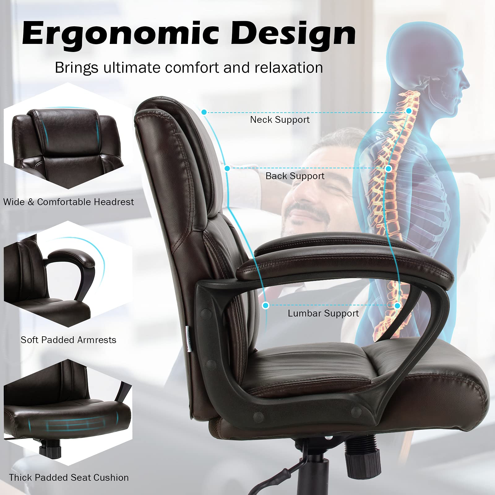 KOMFOTT Leather Modern Executive Chair, Ergonomic Mid Back Computer Desk Chair w/Padded Armrests