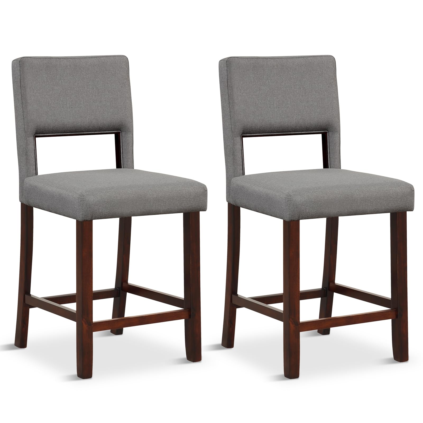 KOMFOTT 24.5" Counter Height Bar Stools Set of 2, Linen Barstools with Back, Rubber Wood Legs