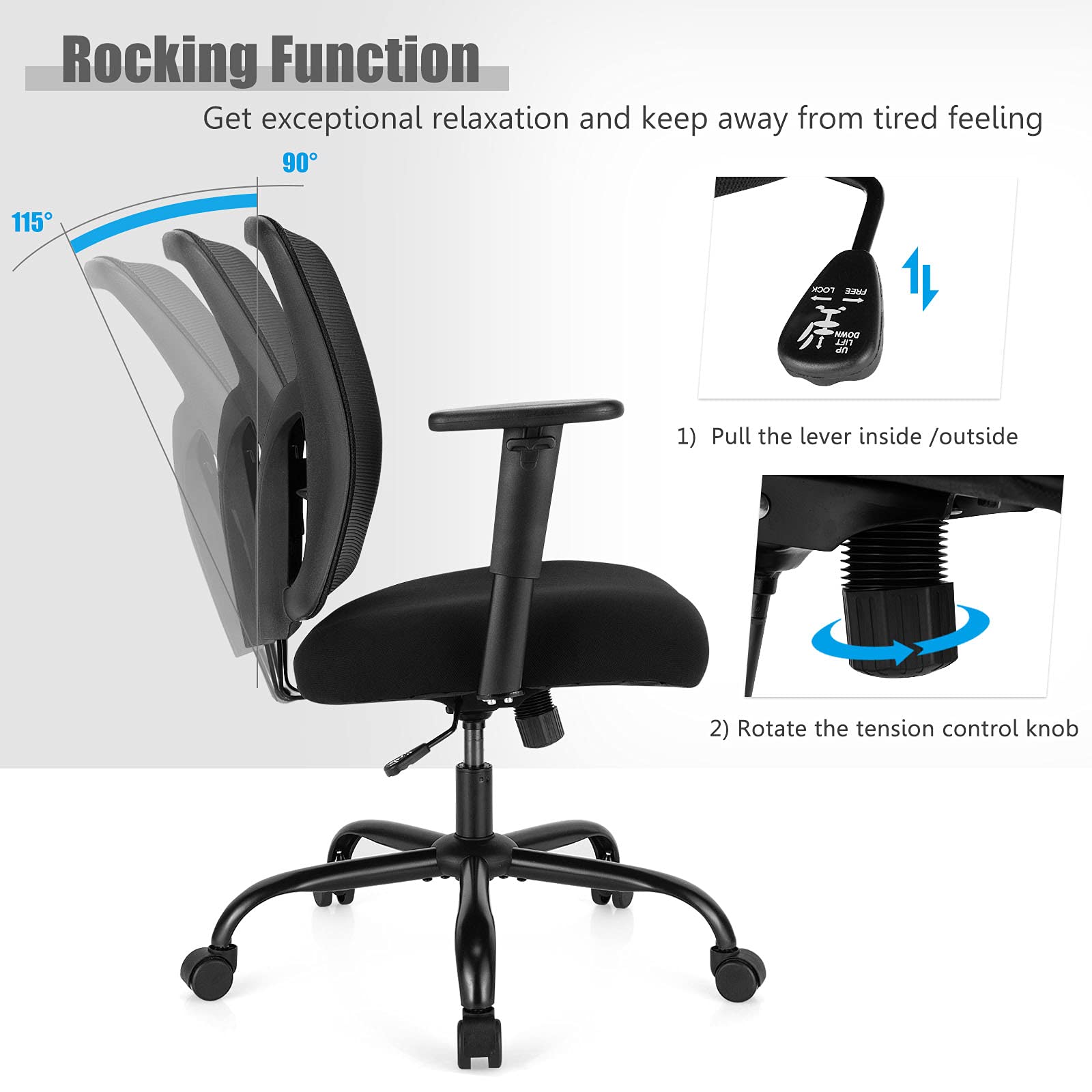 KOMFOTT Mesh Office Computer Chair, 400 lbs Big and Tall Ergonomic Executive Chair with Adjustable Height and Armrest, Lumbar Support