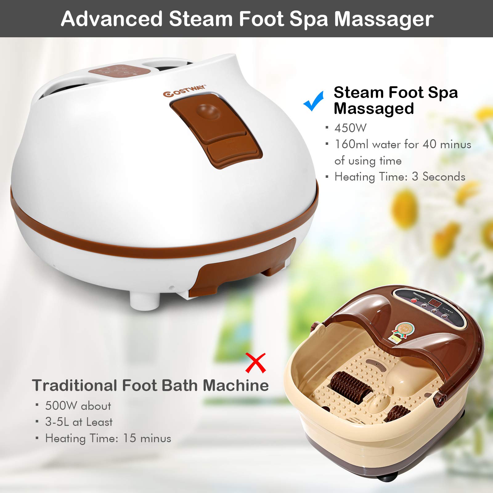 KOMFOTT Steam Foot Spa Bath Massager, Foot Sauna Massage Machine w/3 Heat Levels, Pedicure Massage Rollers