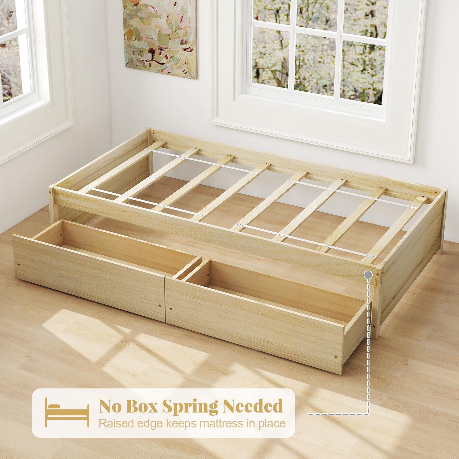 KOMFOTT Twin Bed Frame with 2 Storage Drawers, Solid Wood Platform Bed with Slats Support