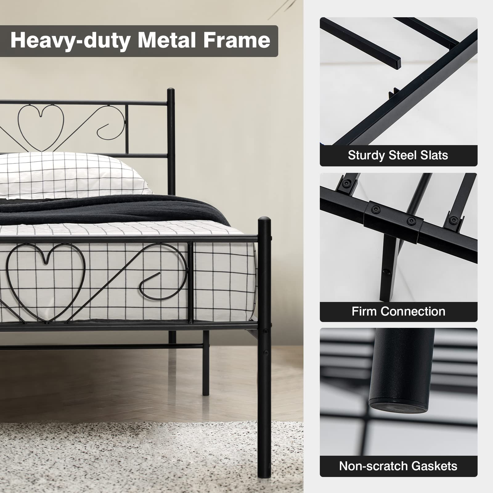 KOMFOTT Twin XL Metal Bed Frame with Heart-Shaped Headboard & Footboard