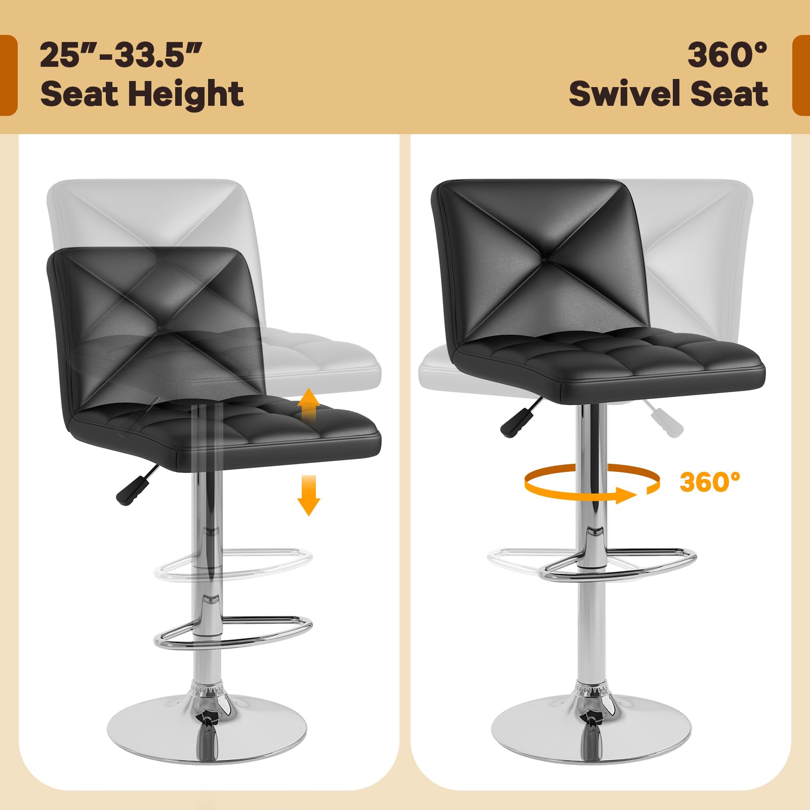 KOMFOTT Bar Stools Set of 2/4, Modern PU Leather Swivel Counter Height Bar Stools with Back, Heavy-Duty Metal Base & Footrest