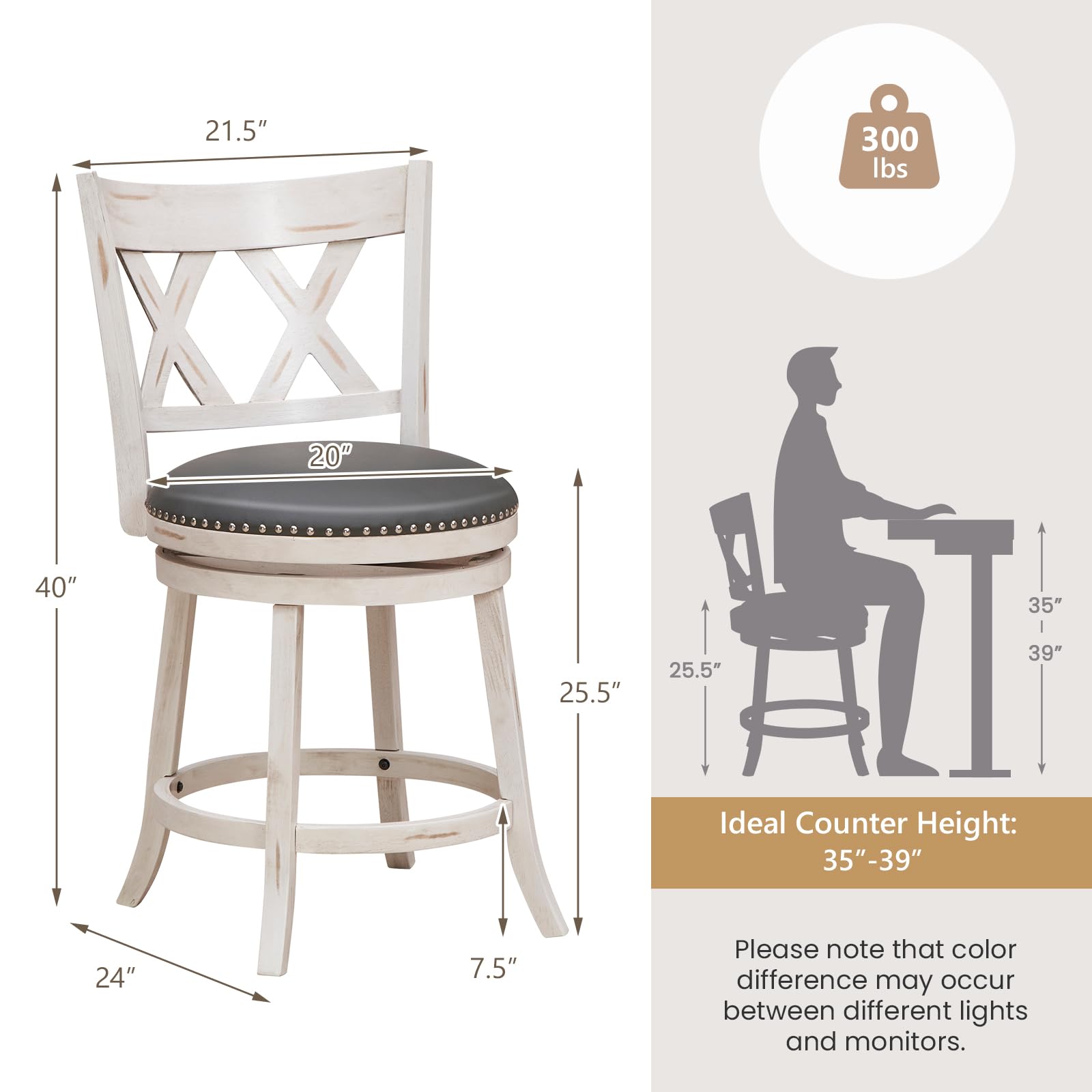 KOMFOTT 25.5" Bar Stools Set of 2/4, Swivel Counter Height Stools w/Back, 20" Wide Padded Seat, Rubber Wood Frame