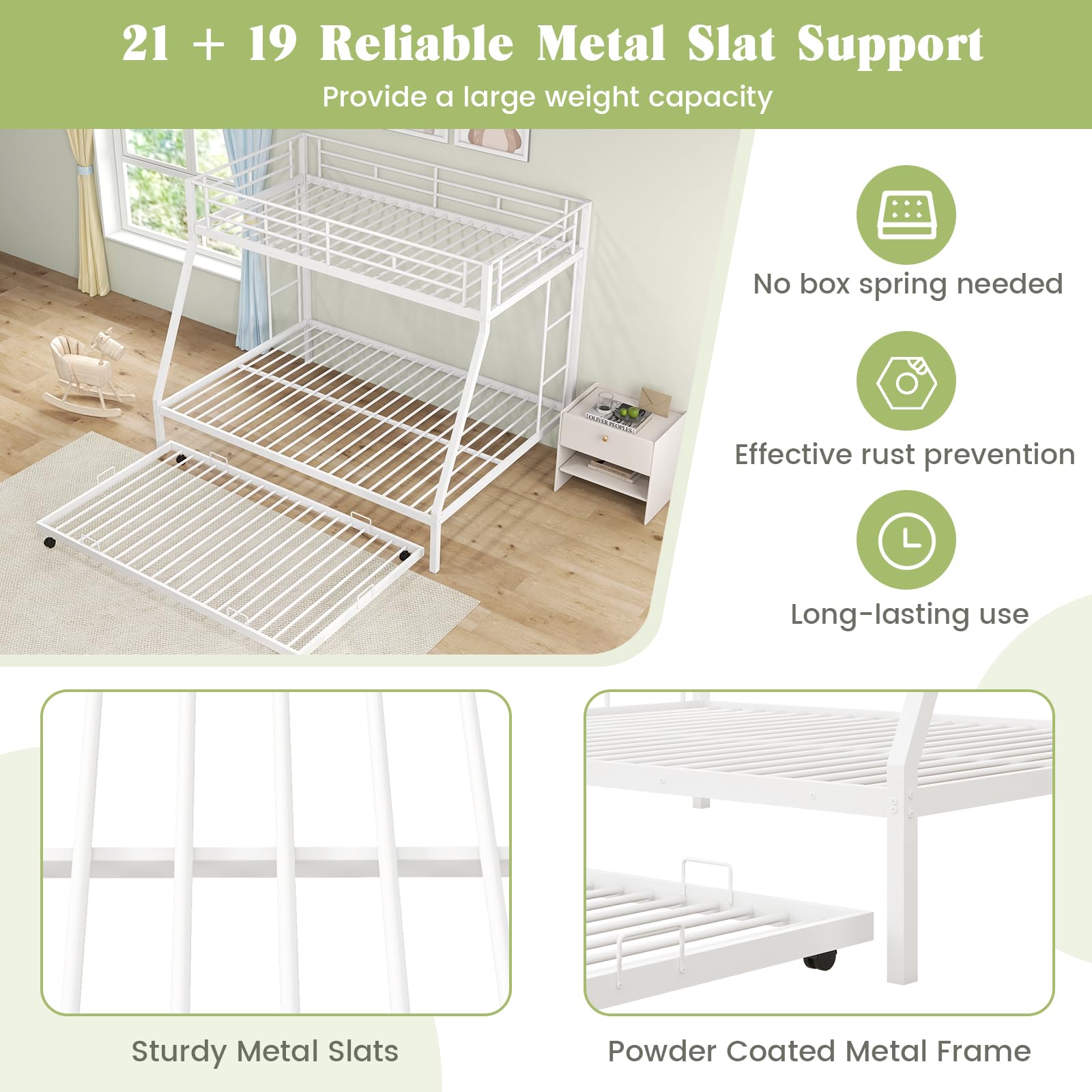 KOMFOTT Twin Over Full Bunk Bed with Trundle, Heavy-Duty Metal Bunk Bed Frame with Guardrail & 2 Ladders