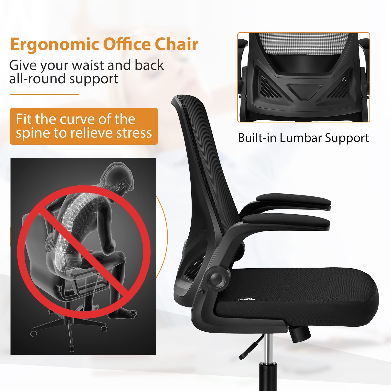 KOMFOTT Ergonomic Office Chair w/Foldable Backrest, Mid Back Mesh Chair with Lumbar Support, Flip up Arms