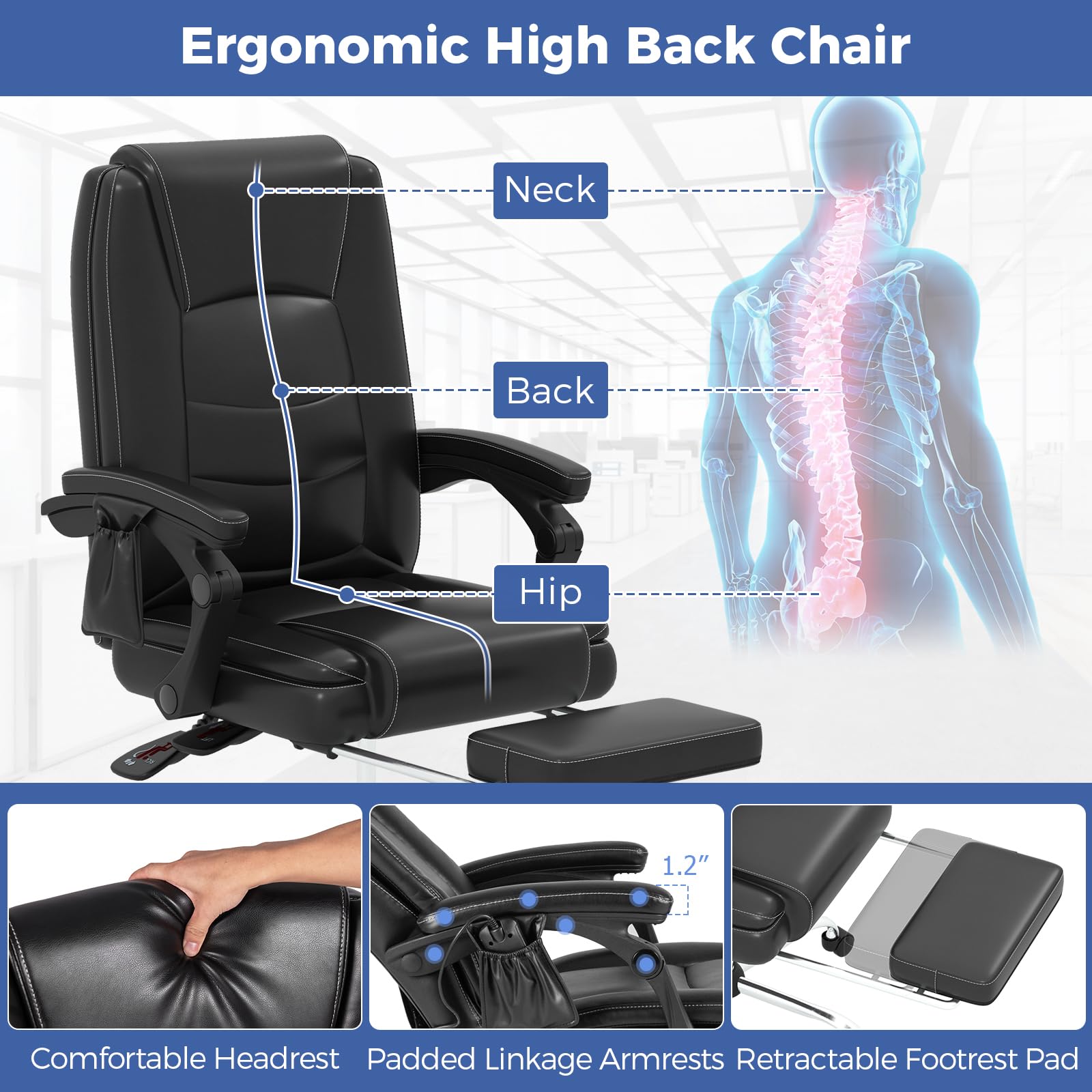 KOMFOTT Massage Adjustable Executive Chair - 400 LBS Big and Tall Office Chair with Linkage Armrests