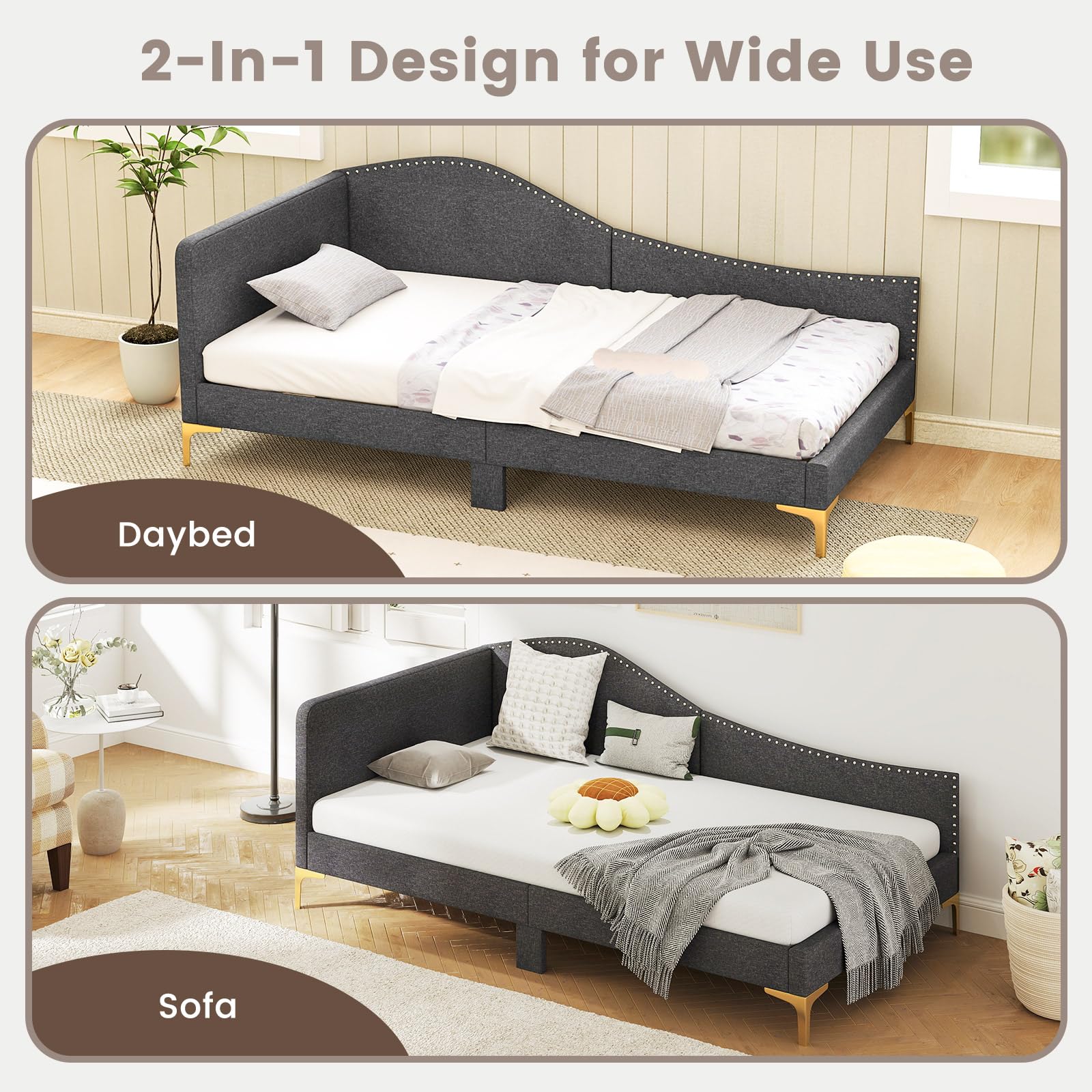 KOMFOTT Rivet-Tufted Platform Bed Frame with Headboard, Metal Legs & Wood Slats, L-Shaped Corner Sofa Bed