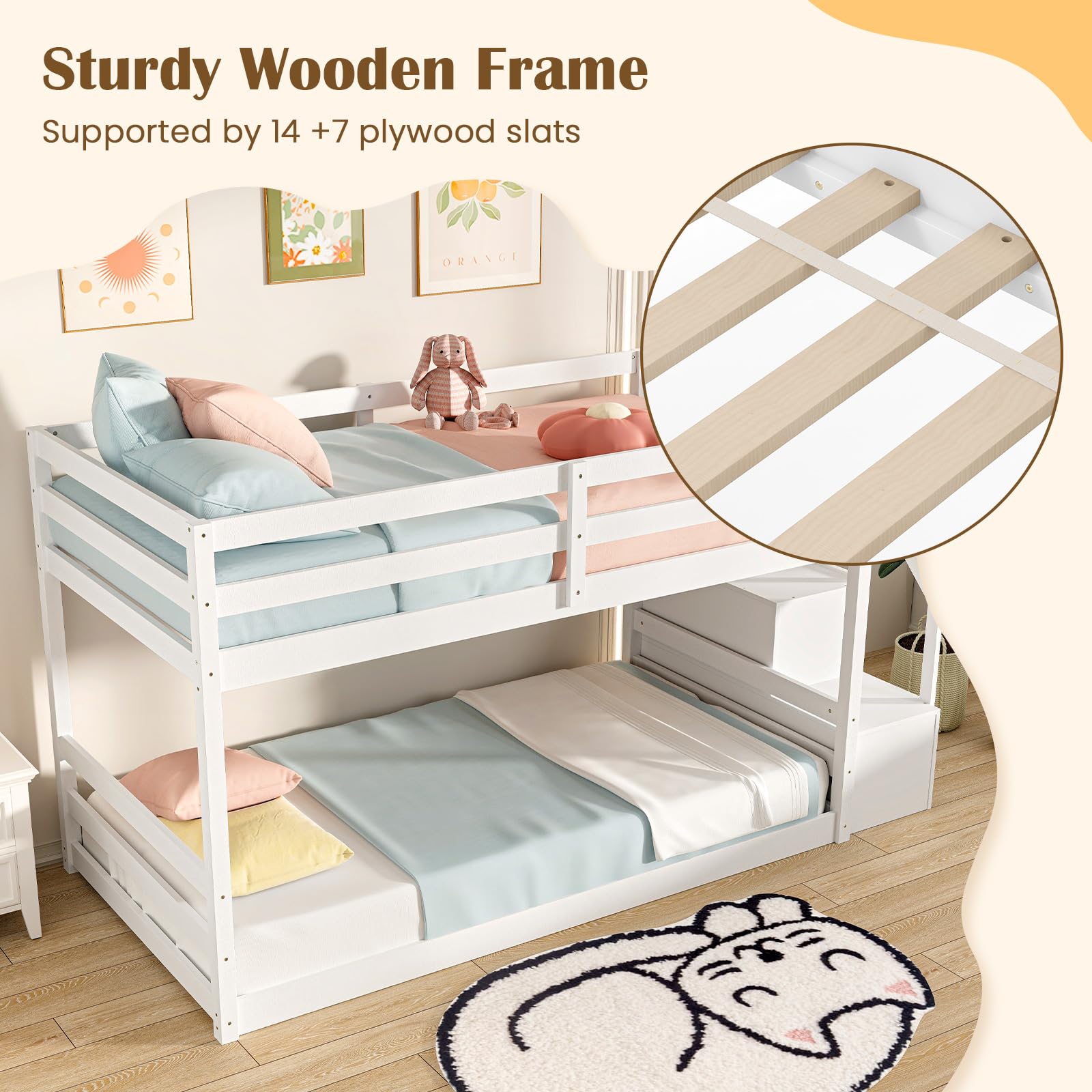 KOMFOTT Bunk Bed with Stairs, Solid Wood Floor Bunk Bed with Storage Staircase & Full-Length Guardrails