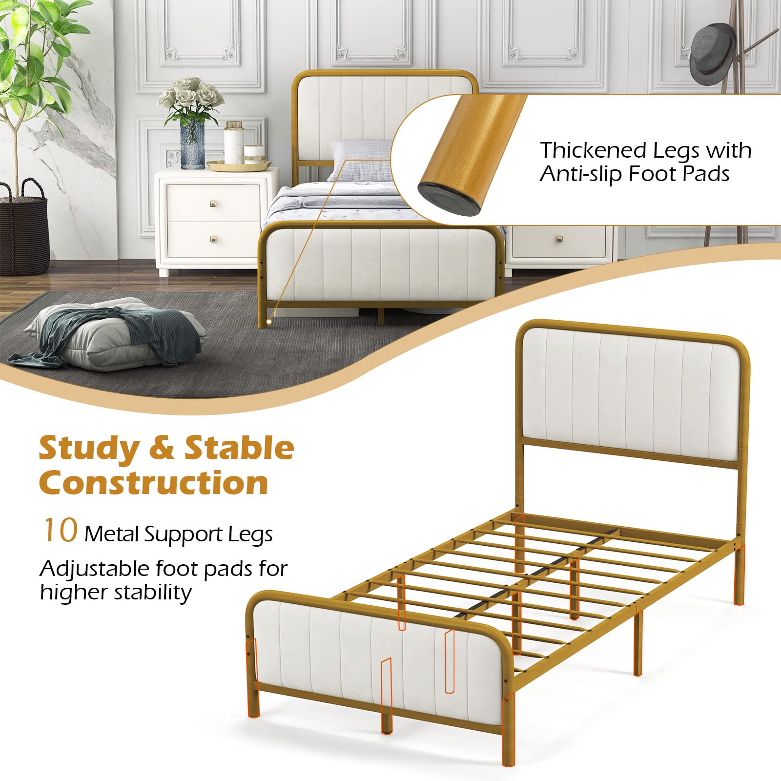 KOMFOTT Gold Metal Bed Frame, Heavy-Duty Metal Mattress Foundation with Velvet Headboard and Footboard