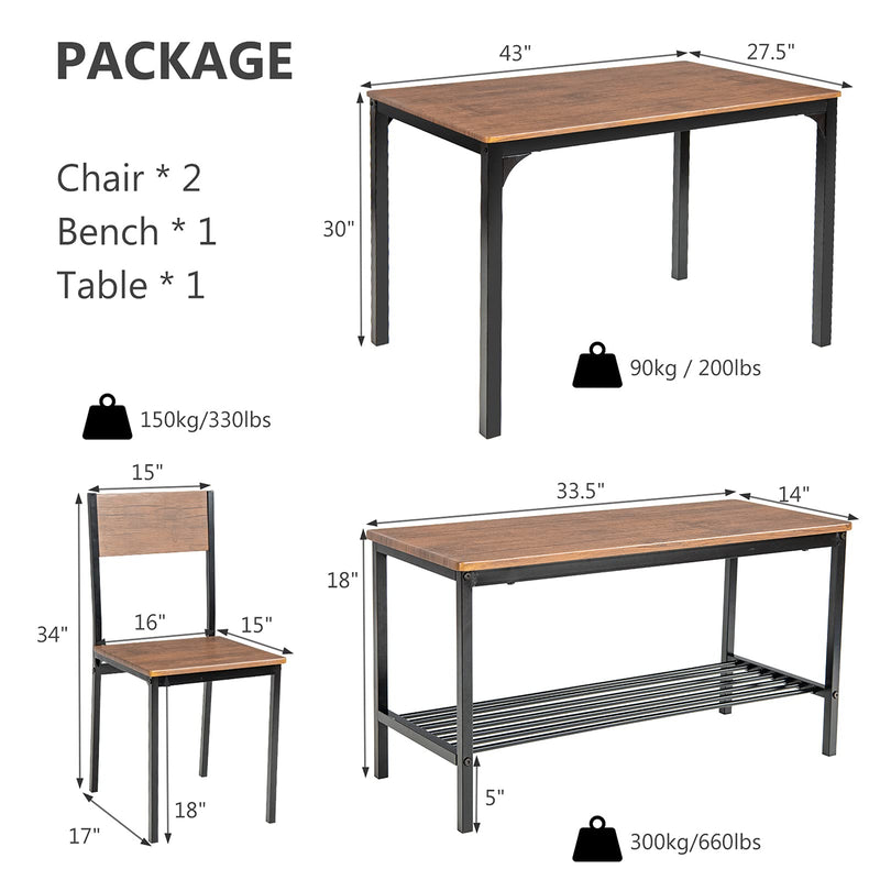 KOMFOTT Dining Table Set for 4, Industrial Gathering Bench Dining Set W/Metal Frame & Storage Rack