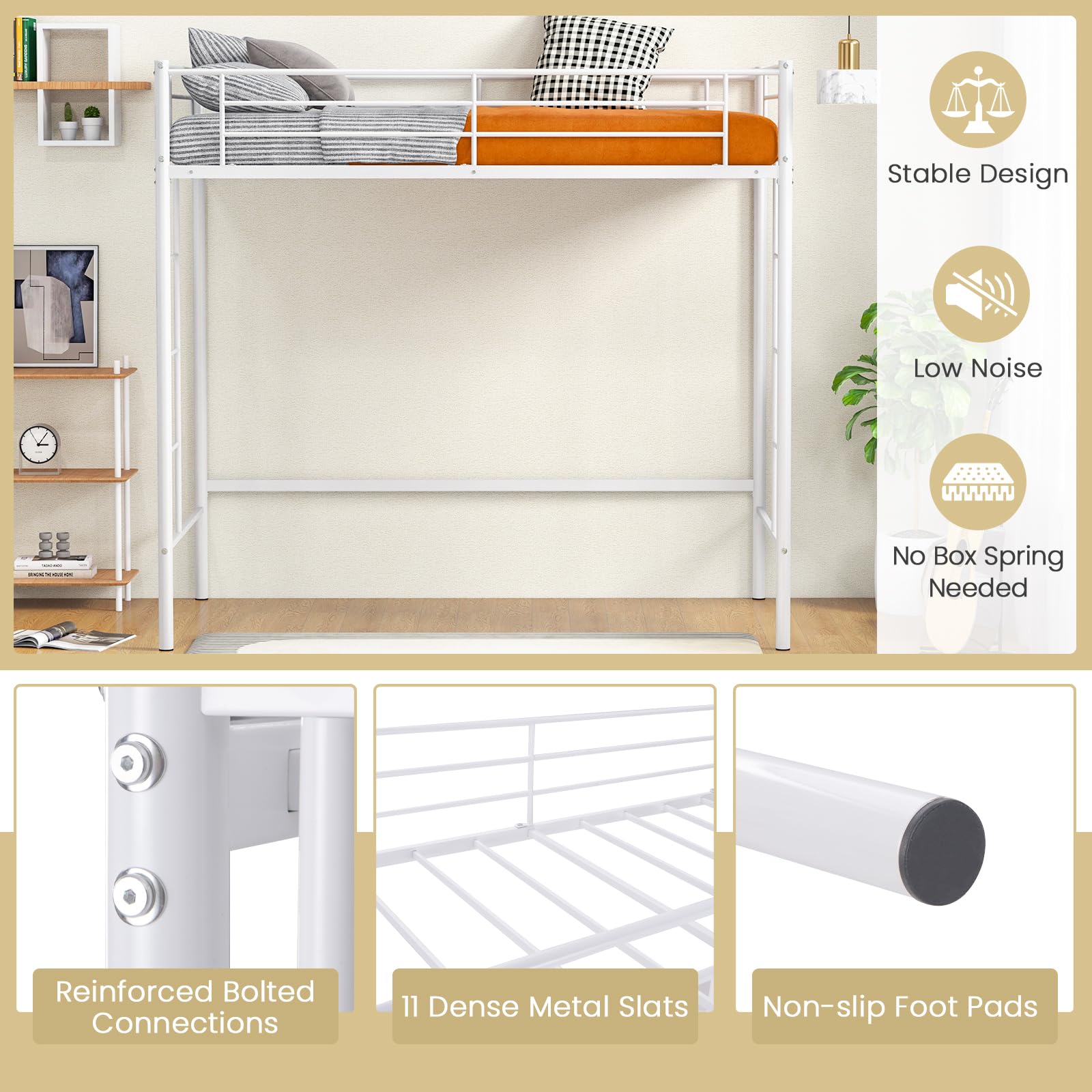 KOMFOTT Twin Size Metal Loft Bed Frame with Both Side Ladders & Safety Guardrails