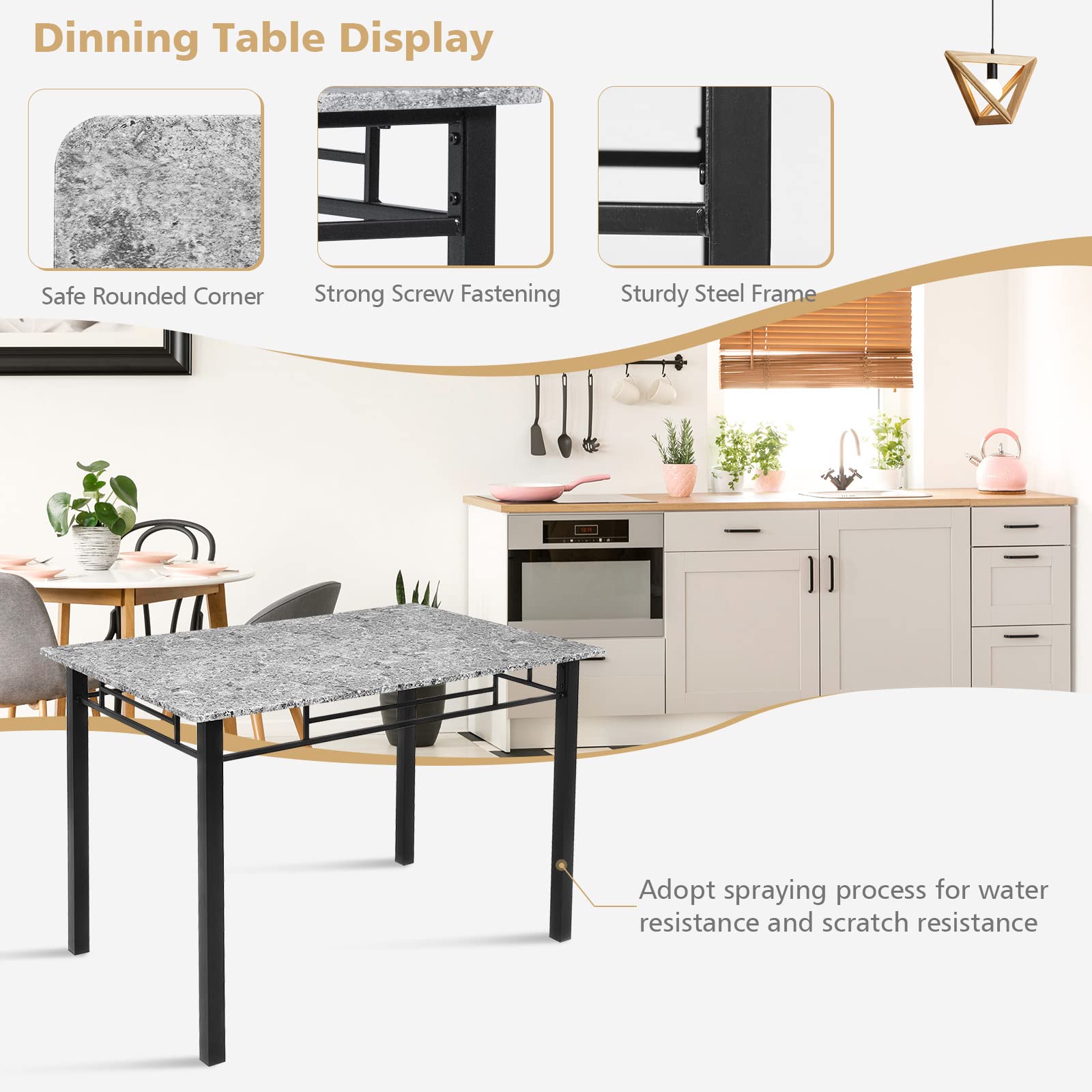 KOMFOTT 5 Piece Dining Table Set, Modern Rectangular Dining Table & Upholstered Chair Set w/Marble Tabletop