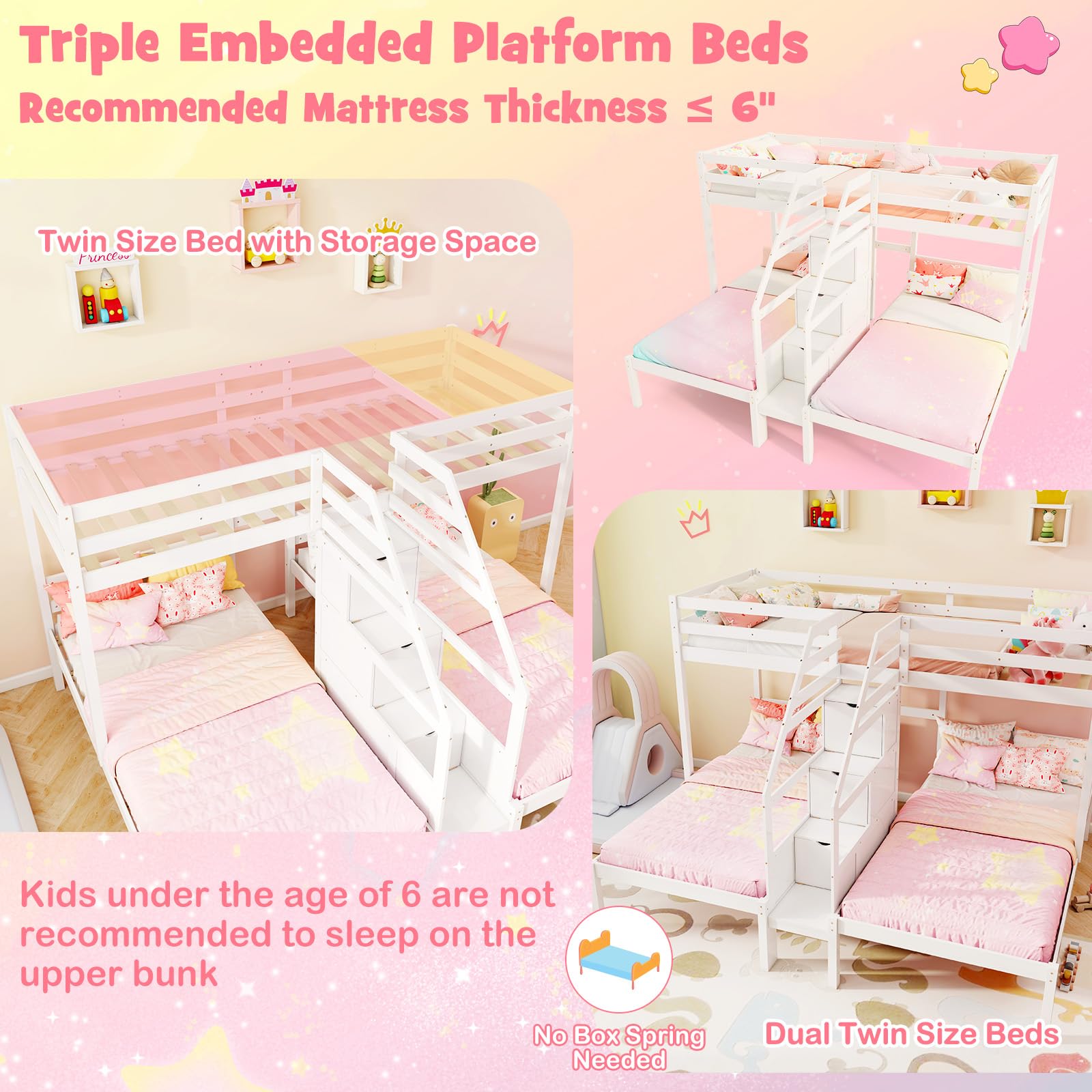 KOMFOTT Twin Over Twin & Twin Bunk Bed, Triple Bunk Beds with 4-Step Storage Stair, Guardrail & Solid Wood Structure