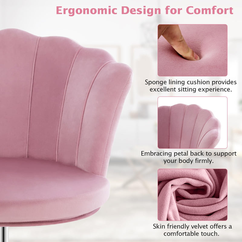 KOMFOTT Velvet Office Desk Chair Pink, Modern Vanity Chair with Seashell Back