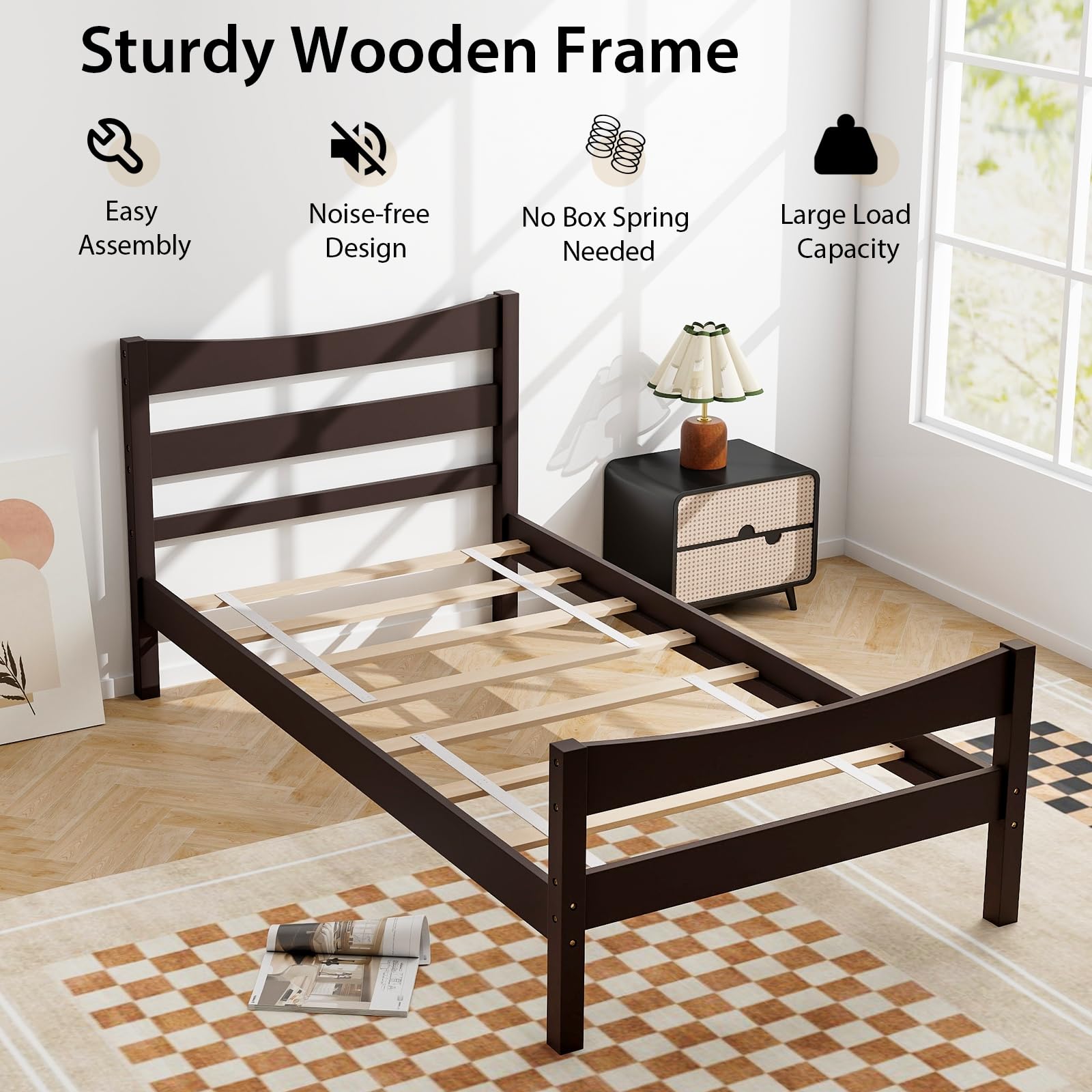 KOMFOTT Twin Size Wood Bed Frame, Rustic Style Platform Bed w/Headboard & Footboard