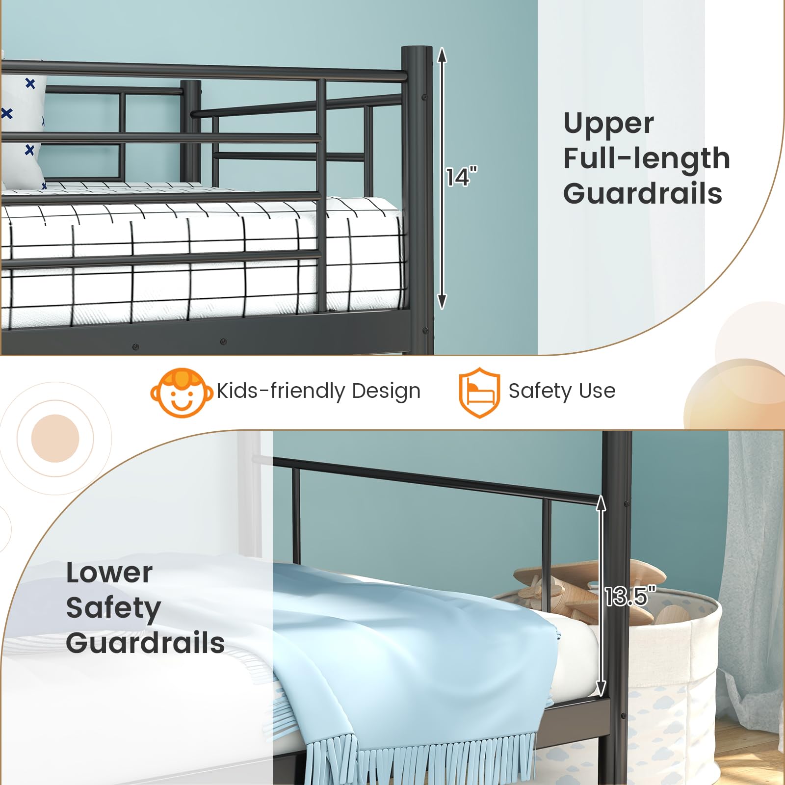 KOMFOTT Metal Twin Over Twin Bunk Bed with Ladder & Full-Length Guardrails