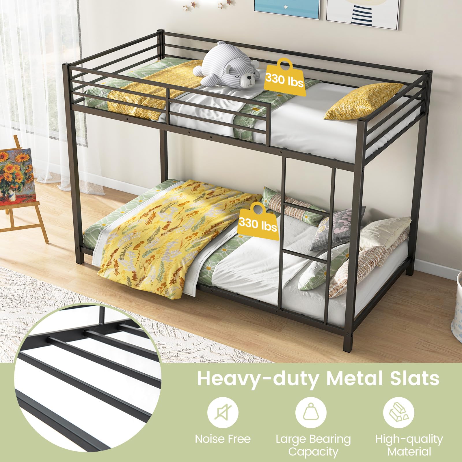 KOMFOTT Twin Over Twin Metal Low Floor Bunk Bed with Safety Guard Rail & Ladder