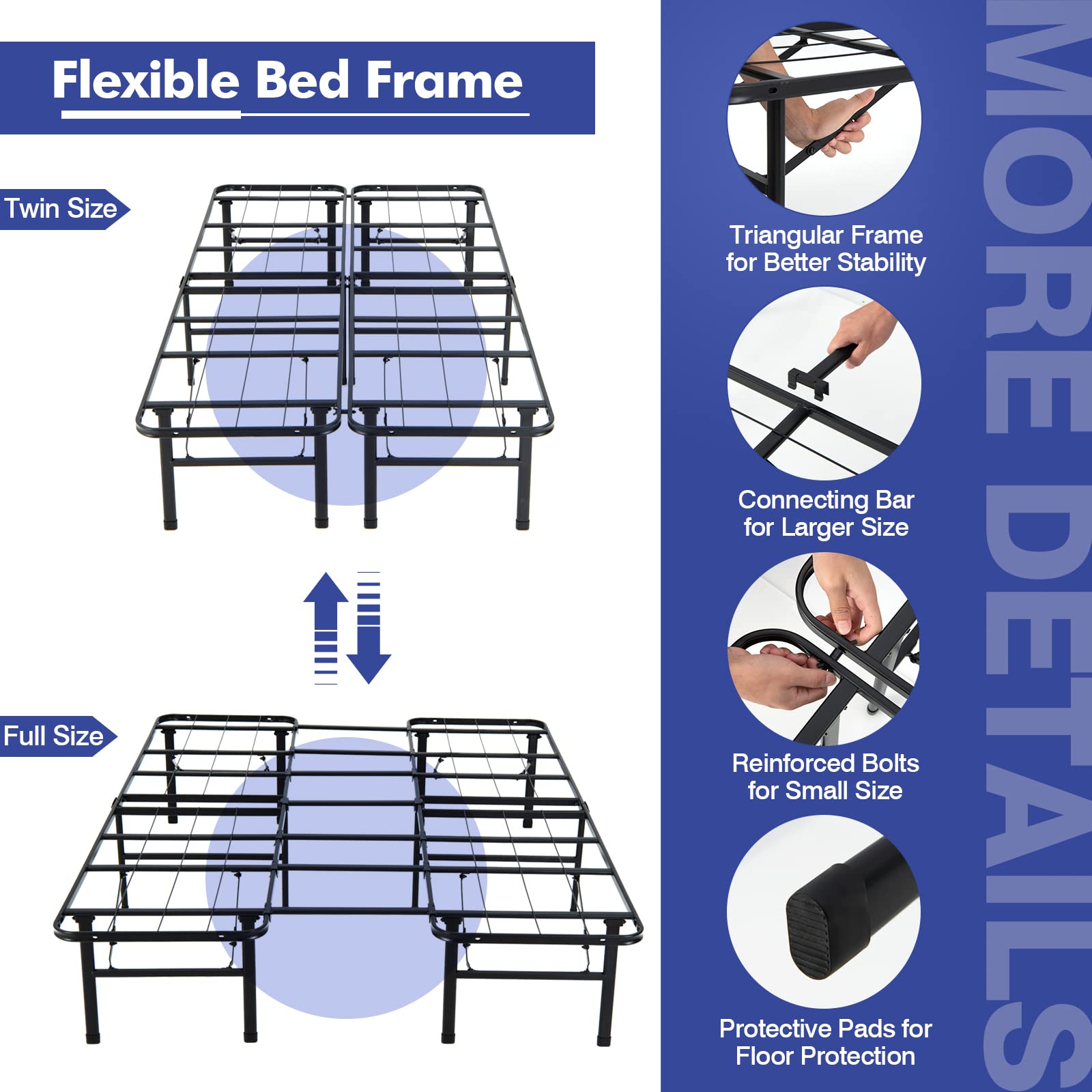 KOMFOTT 2 in 1 Folding Metal Bed Frame,Twin/Full- Queen/King Size Portable Bed Base