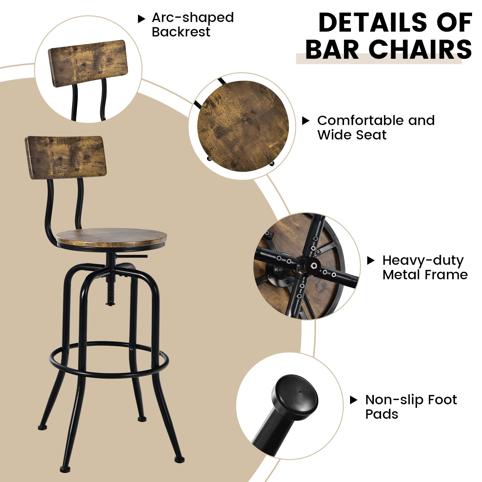 KOMFOTT Bar Stools Set of 2/4, Industrial Counter Height Bar Chairs with Height Adjustable Seat, Arc-shaped Backrest & Footrest