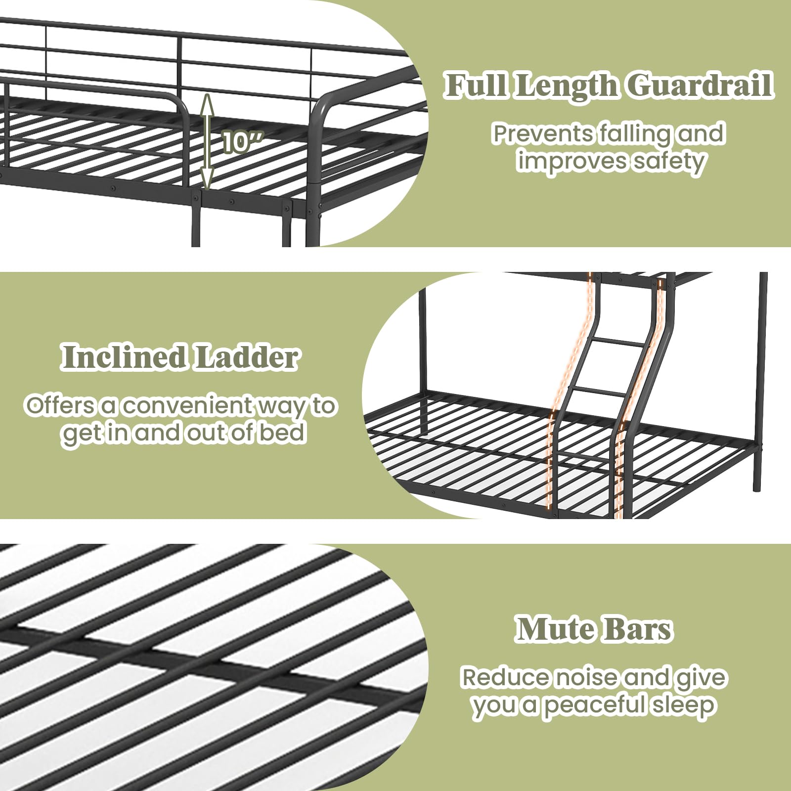 KOMFOTT Twin Over Full Metal Bunk Bed with Inclined Ladder, Safety Guardrail