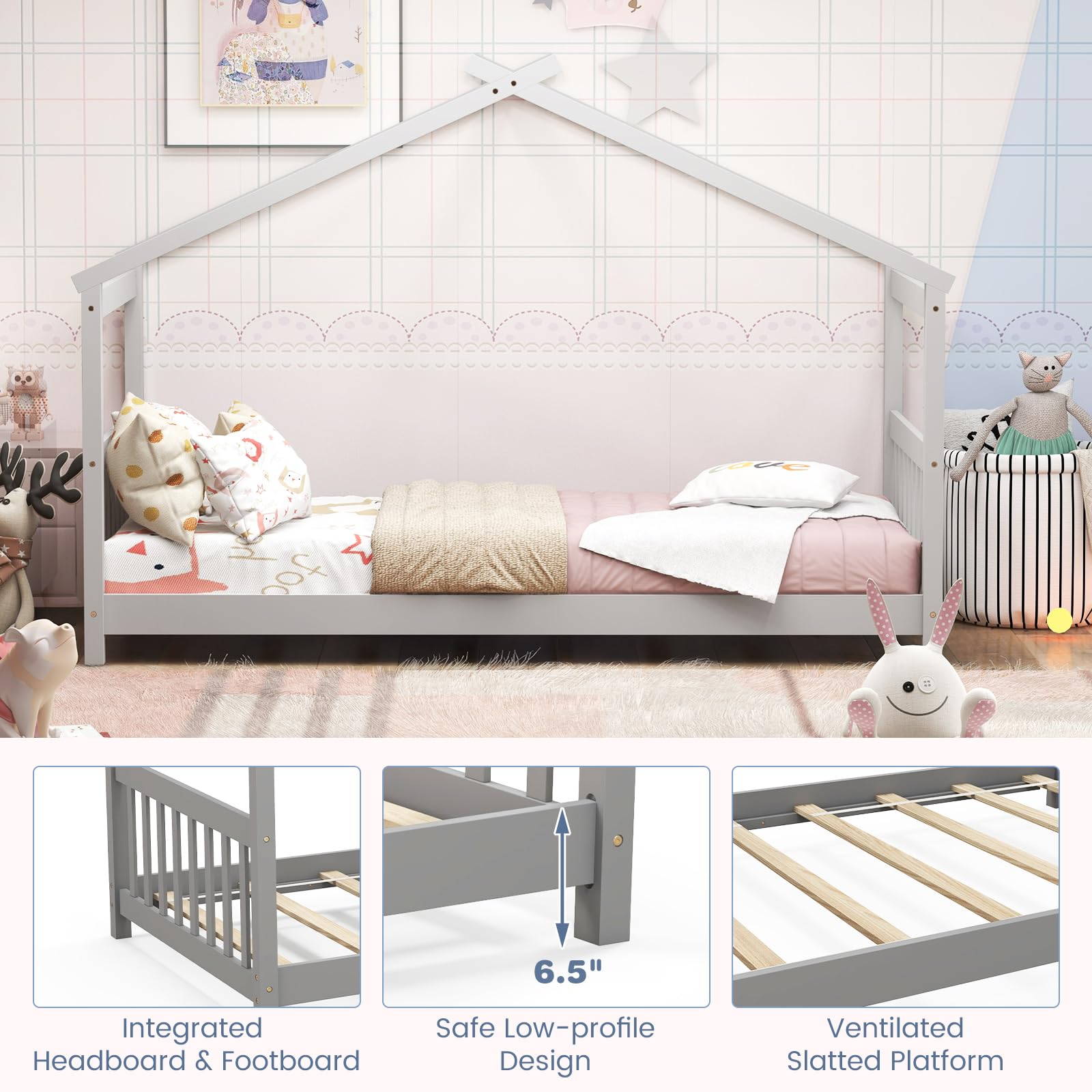 KOMFOTT Twin Wood Kids House Bed with Roof, Headboard and Footboard