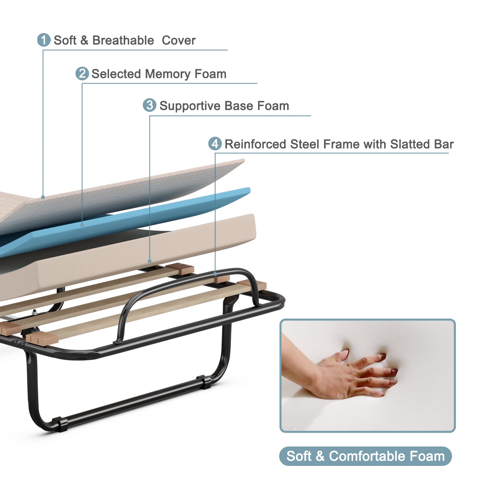 KOMFOTT Portable Folding Rollaway Bed with Steel Frame & Memory Foam Mattress