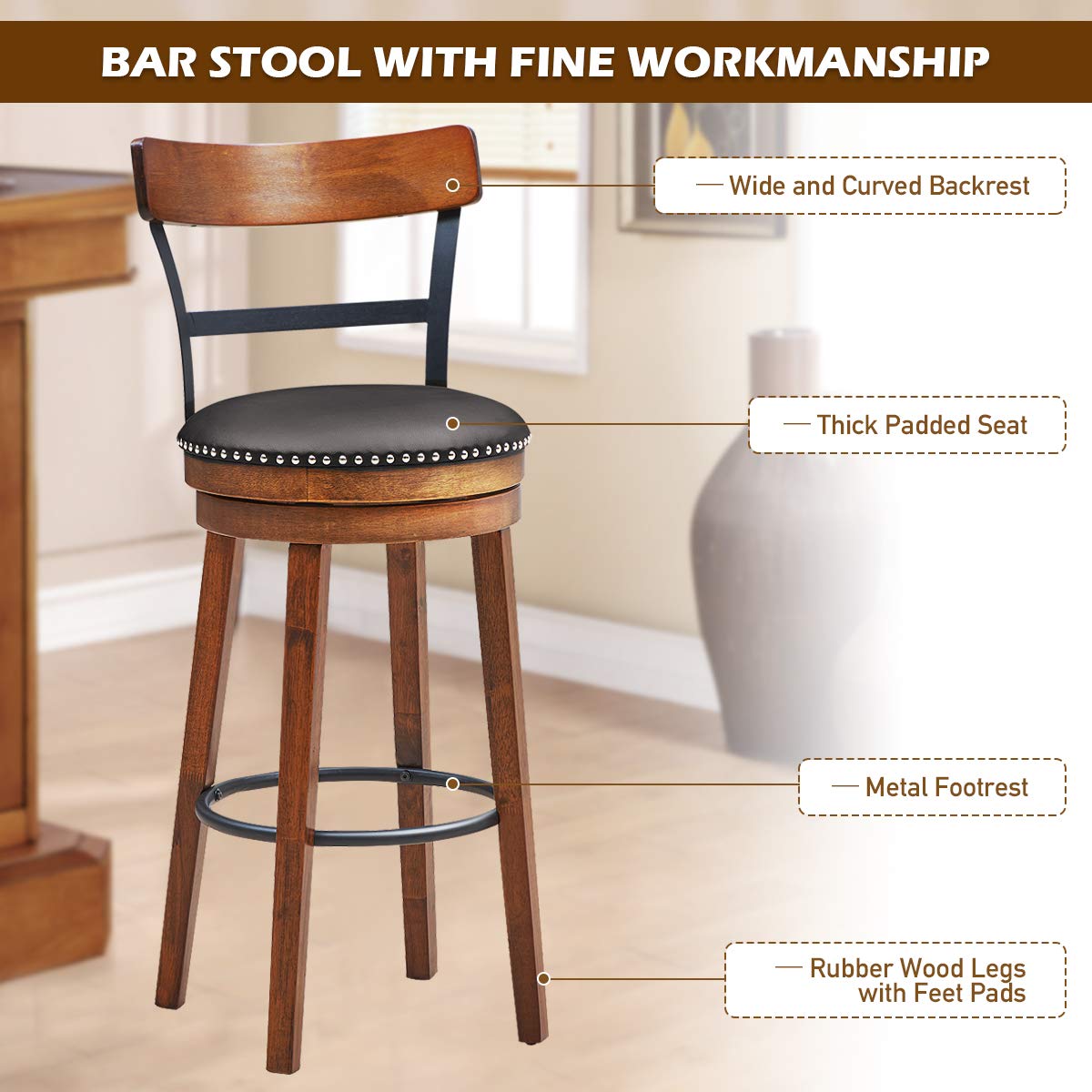 KOMFOTT Bar Stools Set of 1/2/4, 360-Degree Swivel Stools with Leather Padded Seat, Single Slat Ladder Back & Solid Rubber Wood Legs