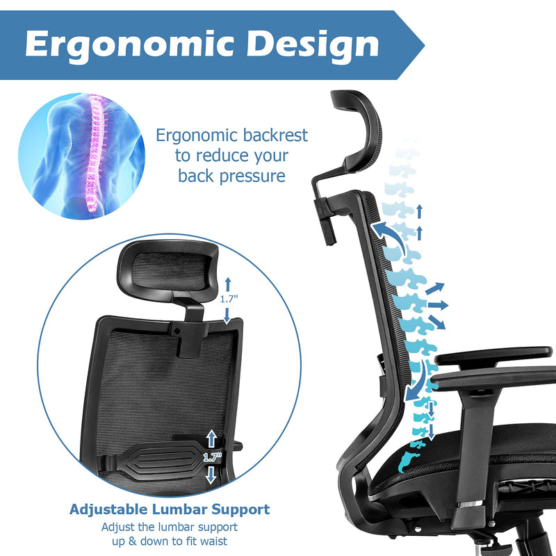 KOMFOTT Ergonomic Mesh Office Chair, Reclining Swivel Chair w/4D Armrest, Adjustable Lumbar Support & Headrest