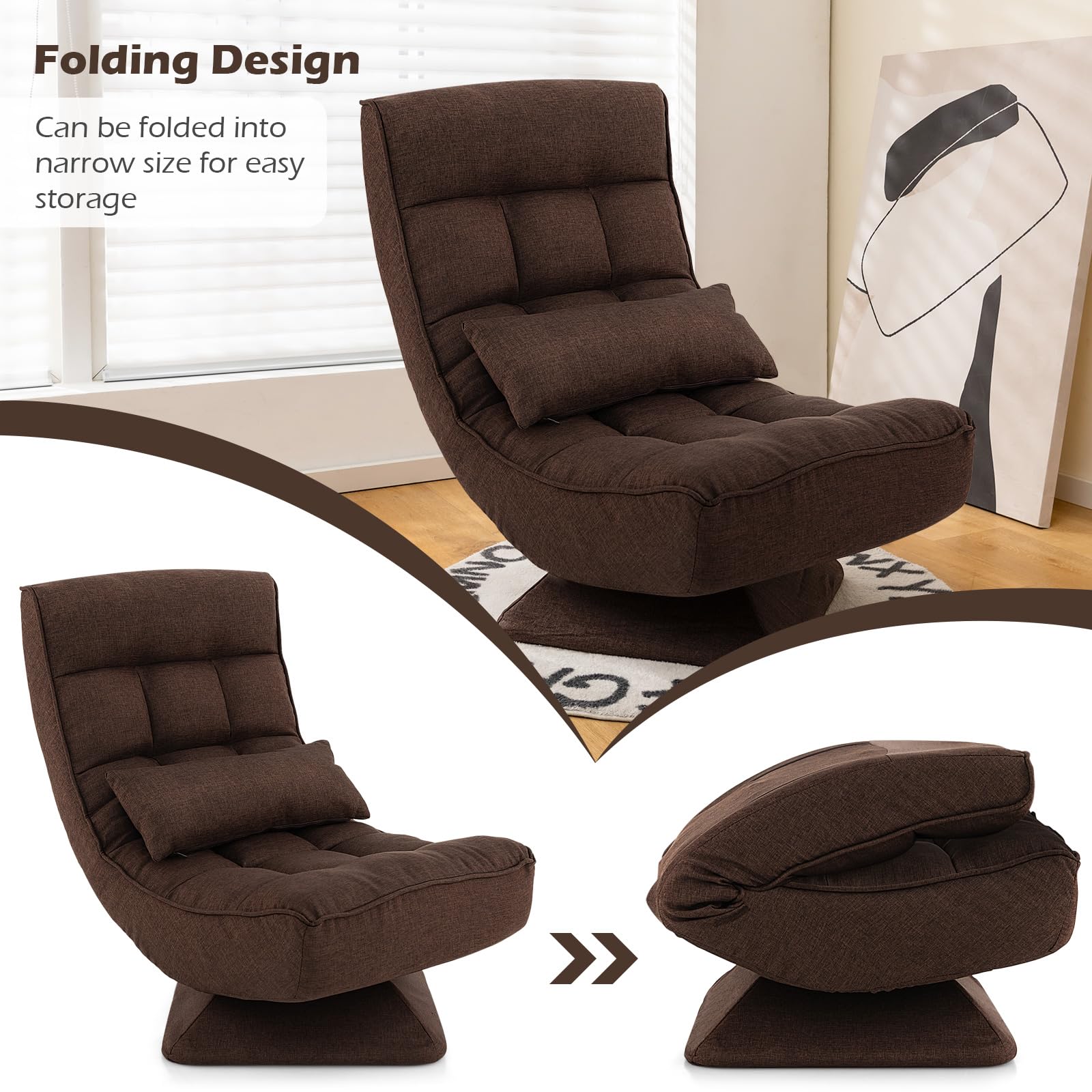 KOMFOTT Adjustable Swivel Floor Chair - 5 Position Video Game Chair with Swivel Base, Steel Frame, Massage Lumbar Pillow