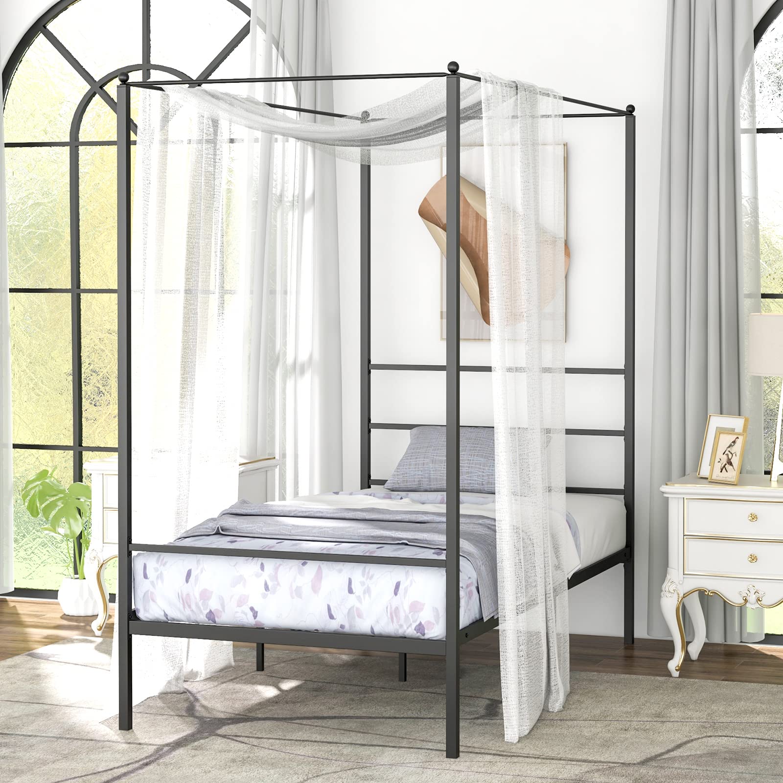 KOMFOTT Twin/Full/Queen Size Metal Canopy Bunk Bed with 4 Poster & Headboard