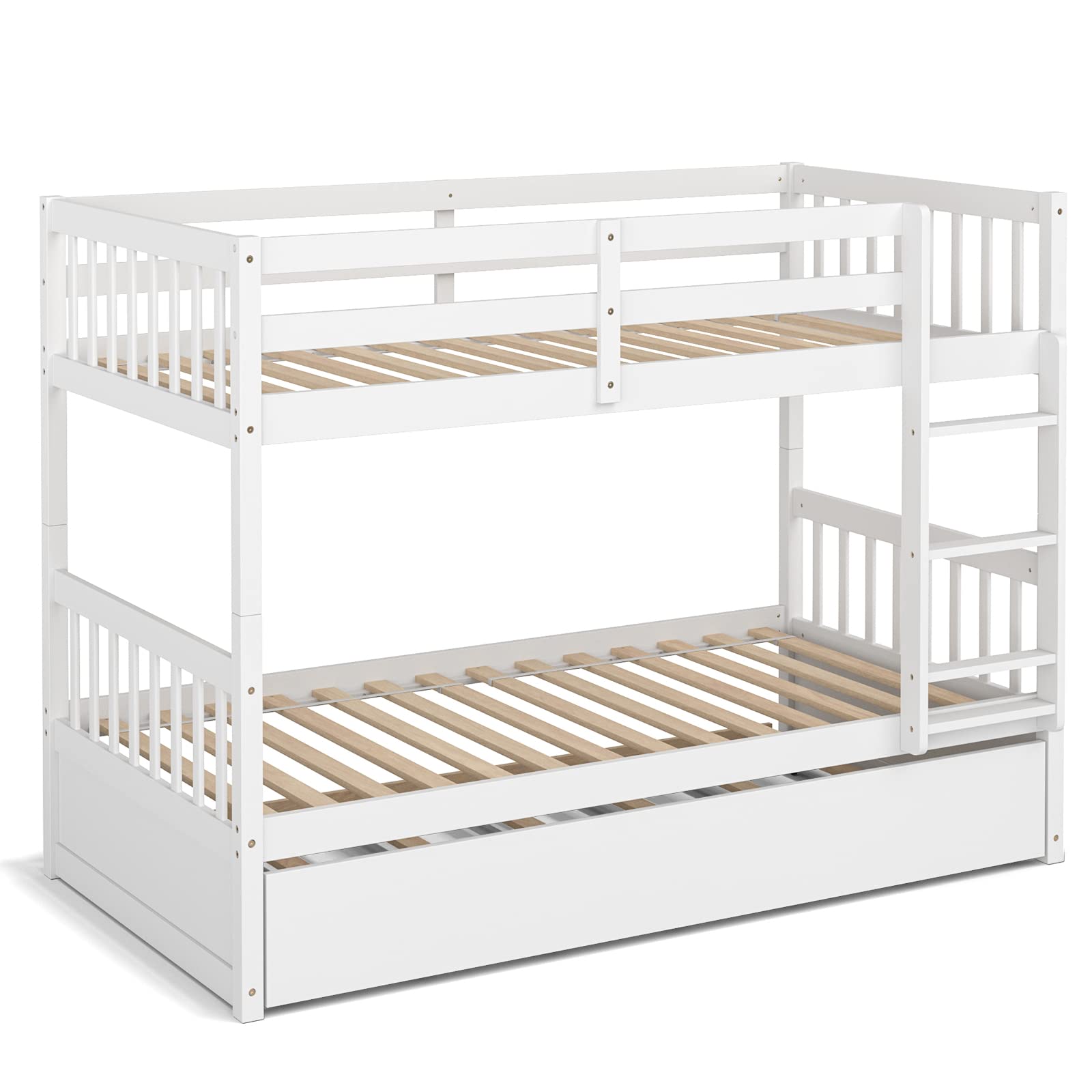 KOMFOTT Twin Over Twin Wood Bunk Bed with Trundle, Convertible Platform Bed Frame with Ladder & Solid Wood Frame