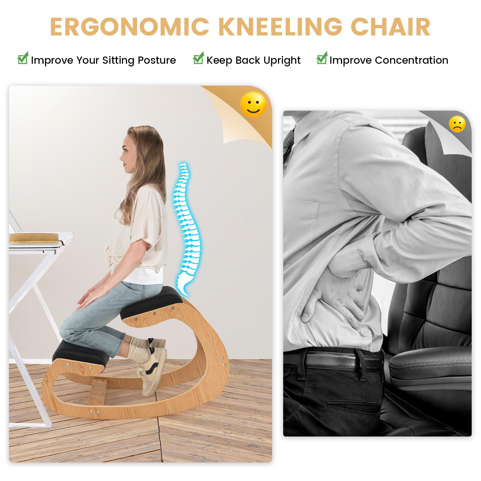 KOMFOTT Ergonomic Kneeling Chair, Posture Chair for Desk with Cushion, Solid Wood Frame