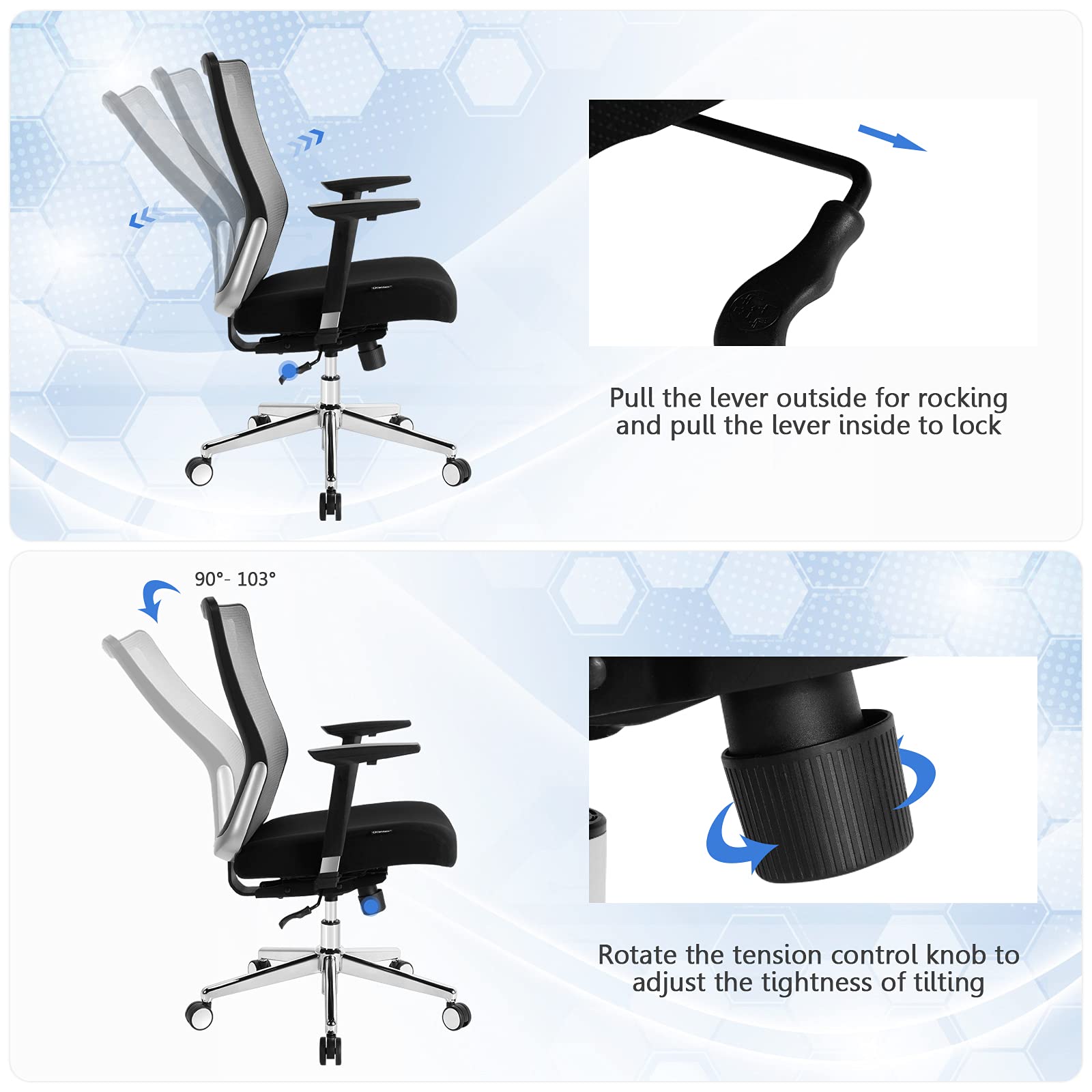 KOMFOTT Ergonomic Office Chair, Mesh Desk Chair with Adjustable Seat Depth, Computer Chair with Wheels and Rocking Function