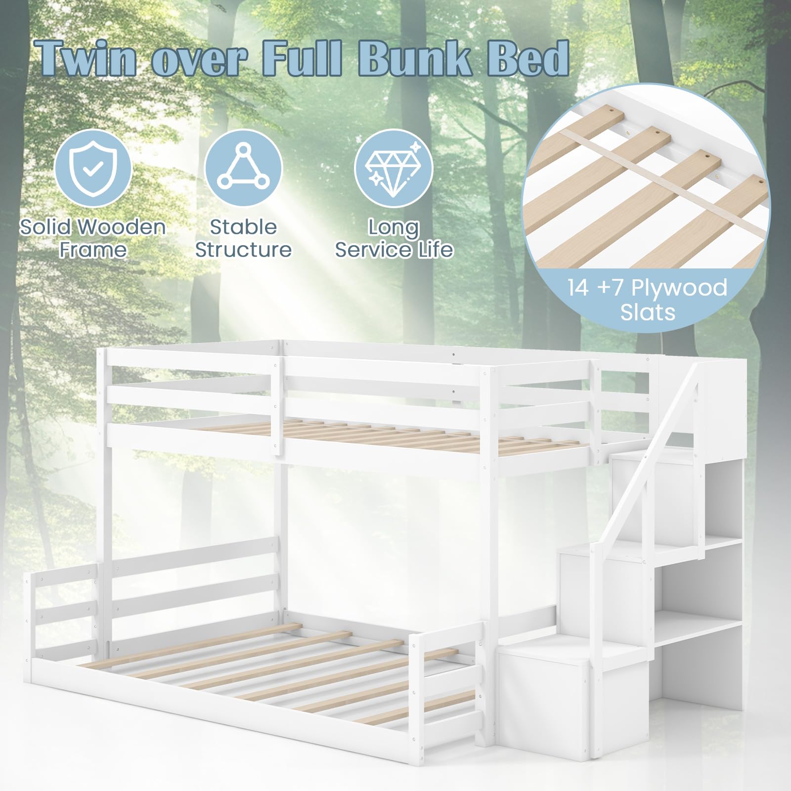 KOMFOTT Bunk Bed with Stairs, Solid Wood Floor Bunk Bed with Storage Staircase & Full-Length Guardrails