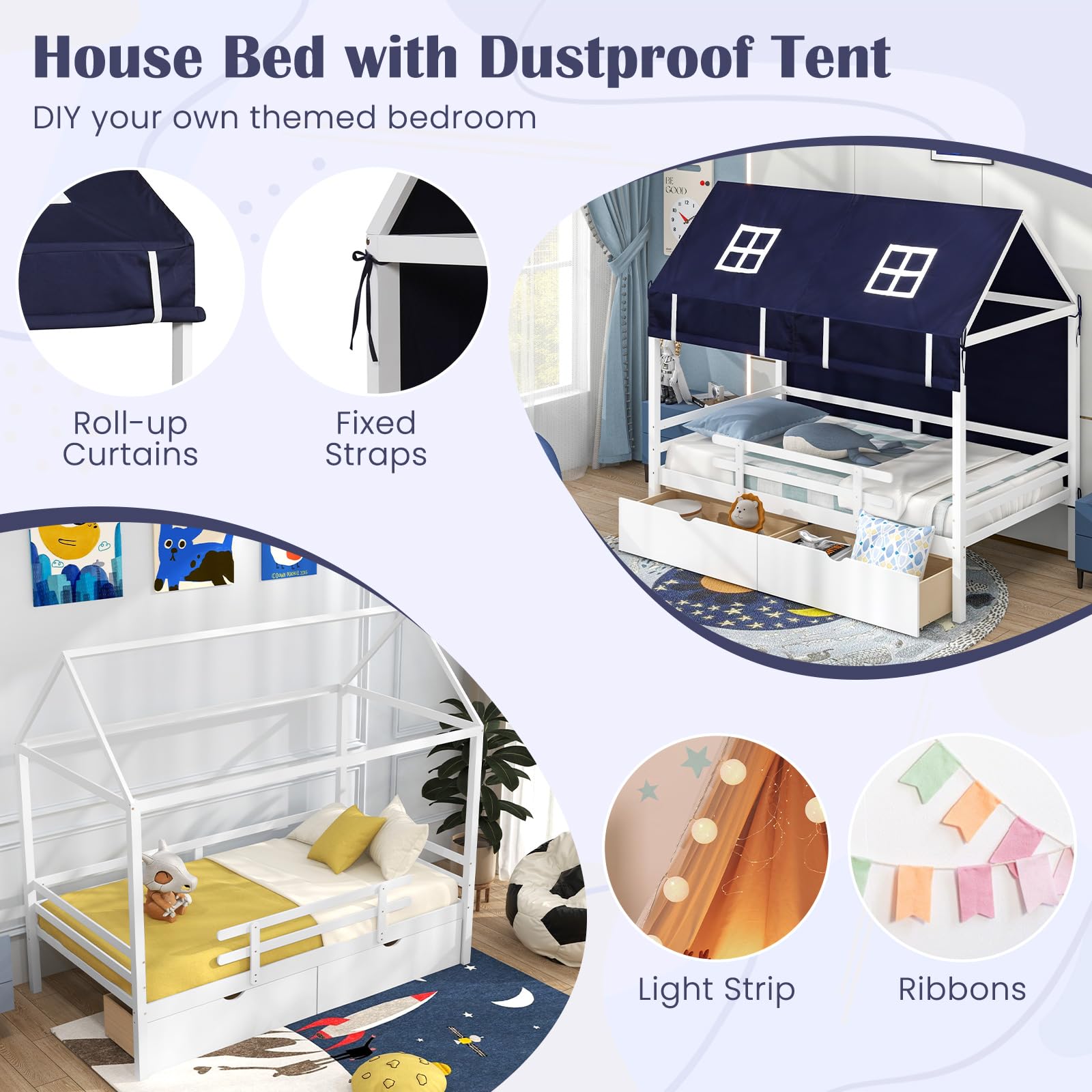 KOMFOTT Twin House Bed with Tent, Wood Kids Bed with 2 Storage Drawers, Solid Wood Daybed Frame with Rails and Roof