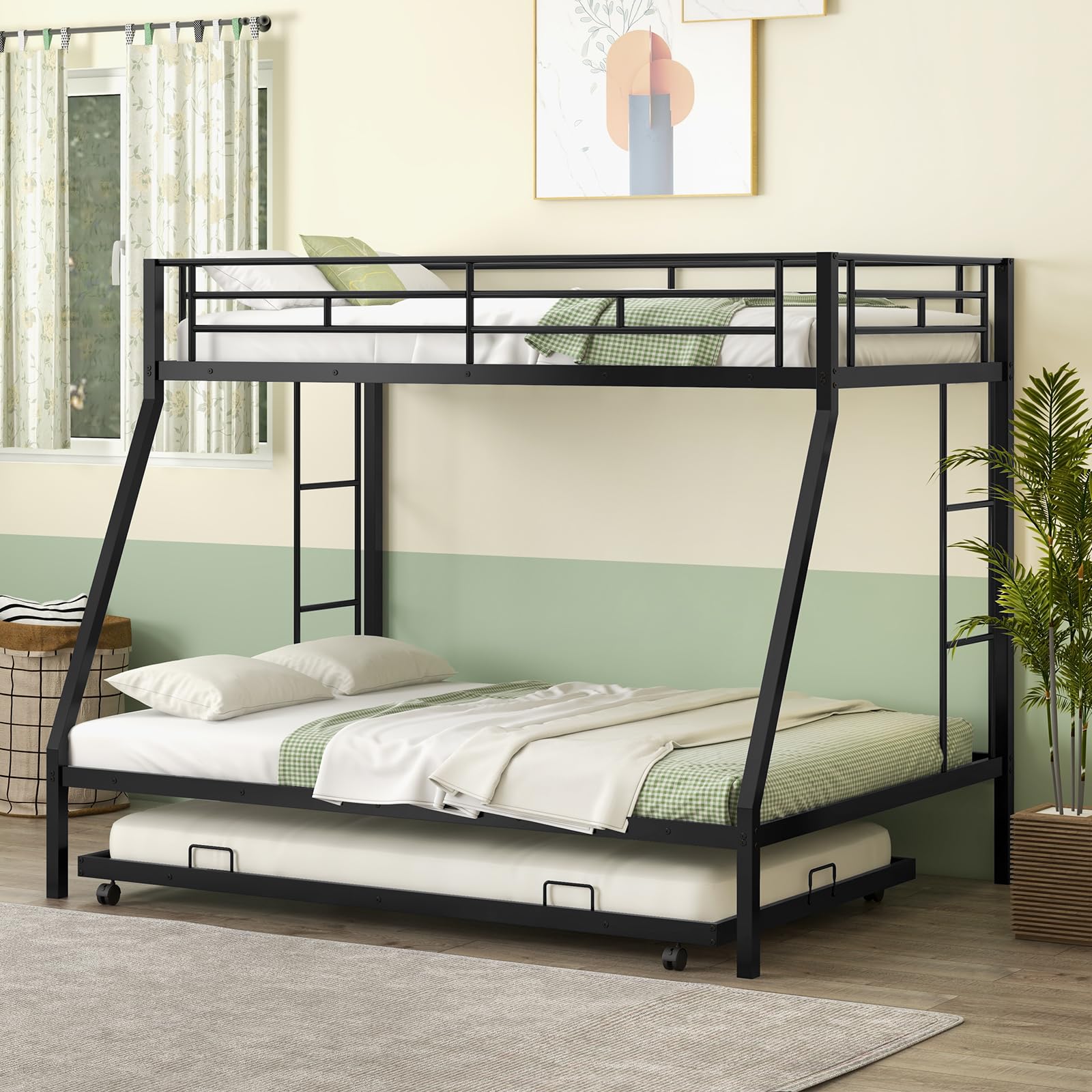 KOMFOTT Twin Over Full Heavy-Duty Metal Bunk Bed with Trundle, Guardrail & 2 Ladders