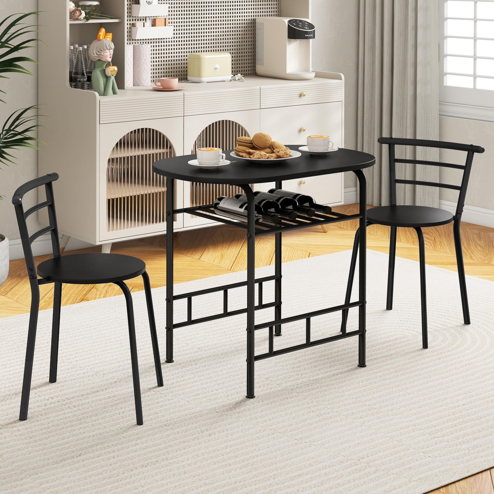 KOMFOTT 3 Piece Dining Set, 2 Chairs and Table Set with Metal Frame and Shelf Storage