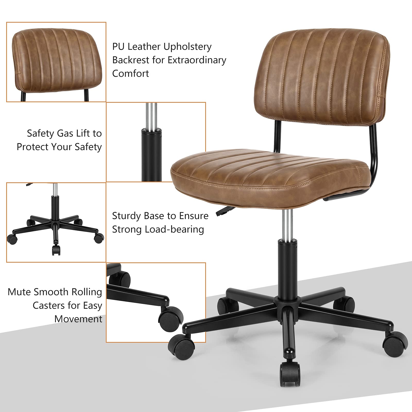 KOMFOTT Leather Office Chair, Retro Swivel Rolling Task Chair Height Adjustable PU Leisure Office Chair