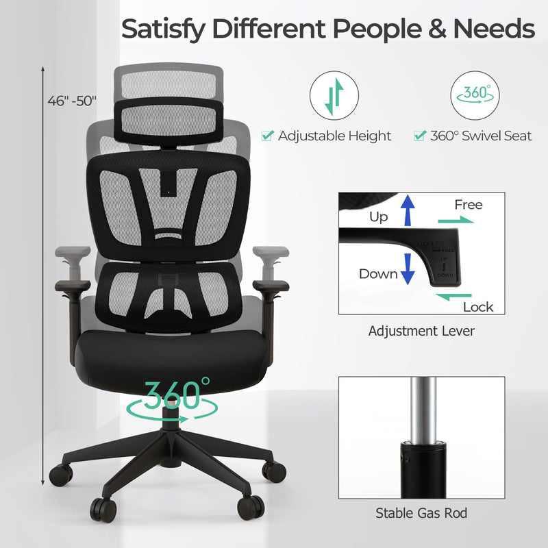 KOMFOTT Ergonomic Office Chair - Mesh Desk Chair with Adjustable Lumbar Support, Headrest & Armrests