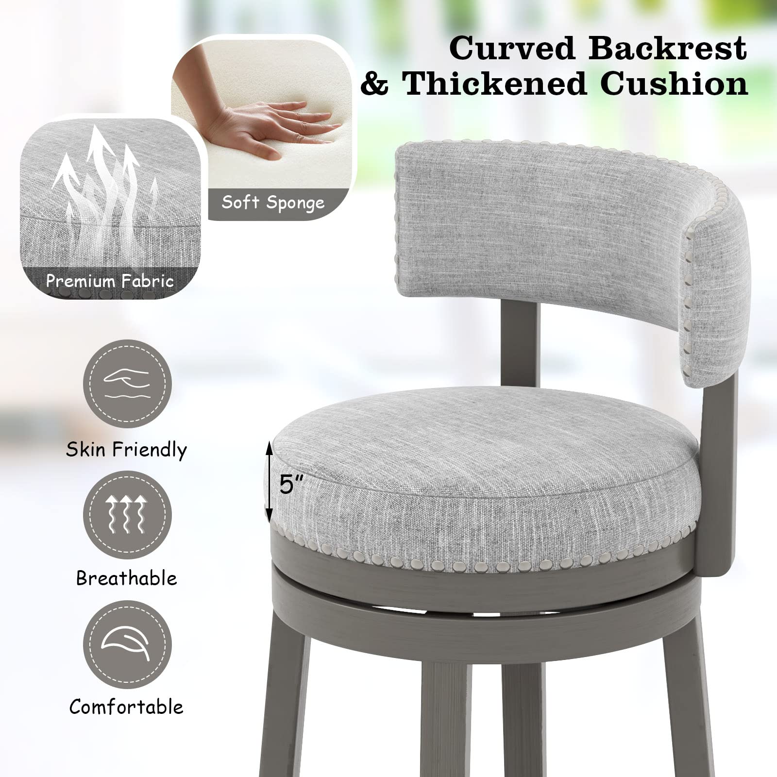 KOMFOTT Bar Stool, Modern 360° Swivel Barstool with Upholstered Back & Seat, Solid Rubber Wood Legs & Round Footrest