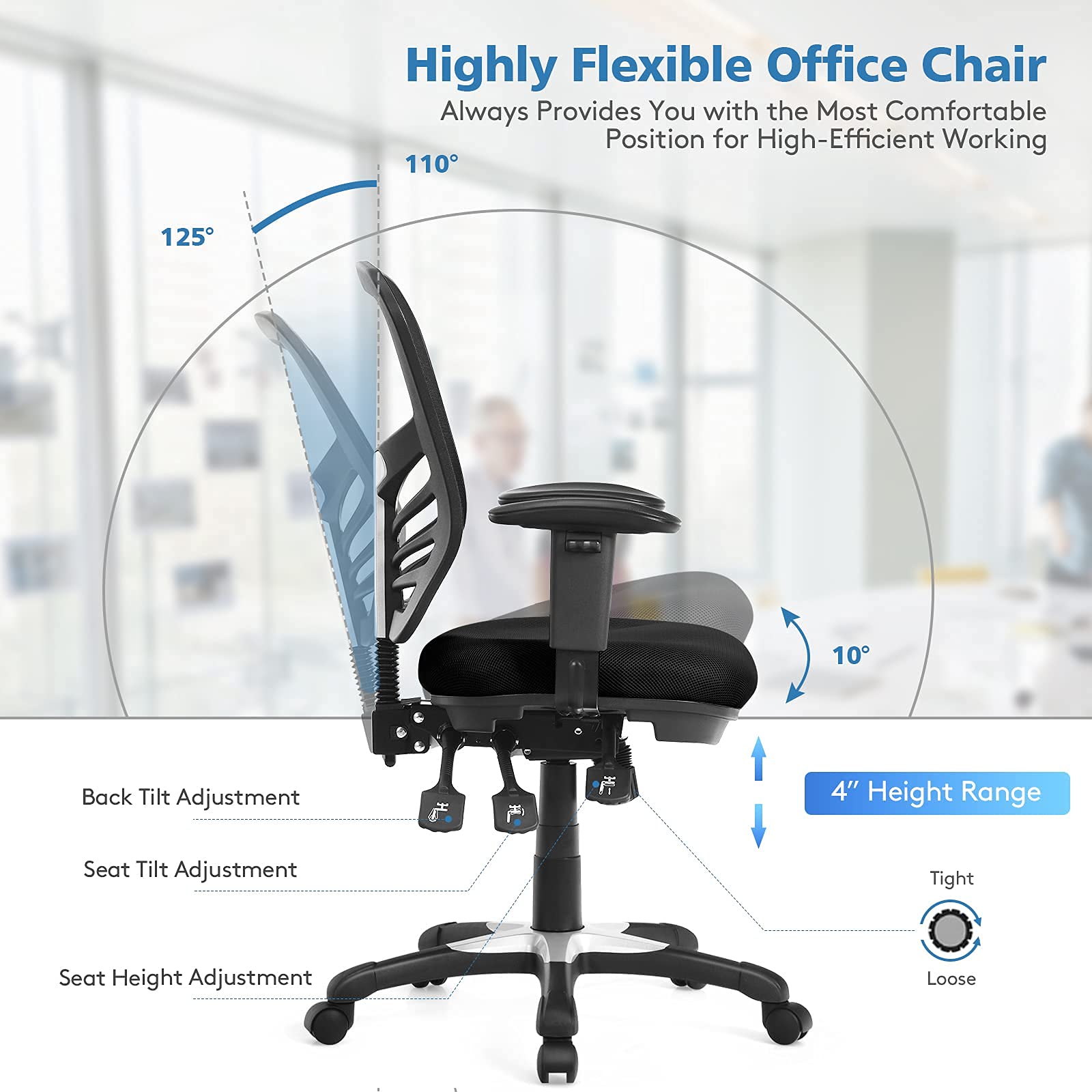 KOMFOTT Mid-Back Managers Mesh Office Chair with Height Adjustable Backrest & Armrest, Seat Tilt Adjustment