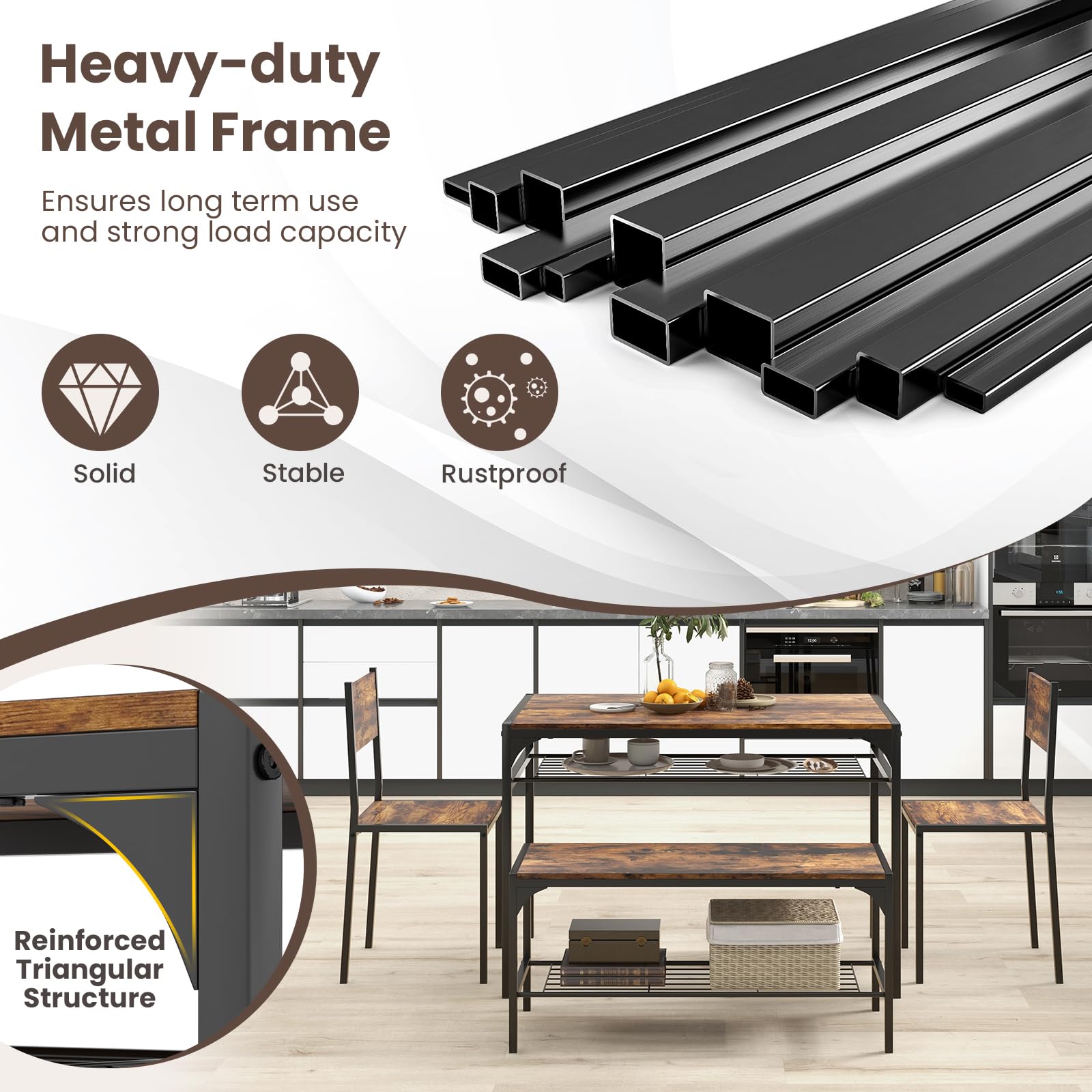 KOMFOTT Dining Table Set for 4, Industrial Rectangular Table w/ 2 Chairs, 1 Bench, Storage Racks, Sturdy Metal Frame