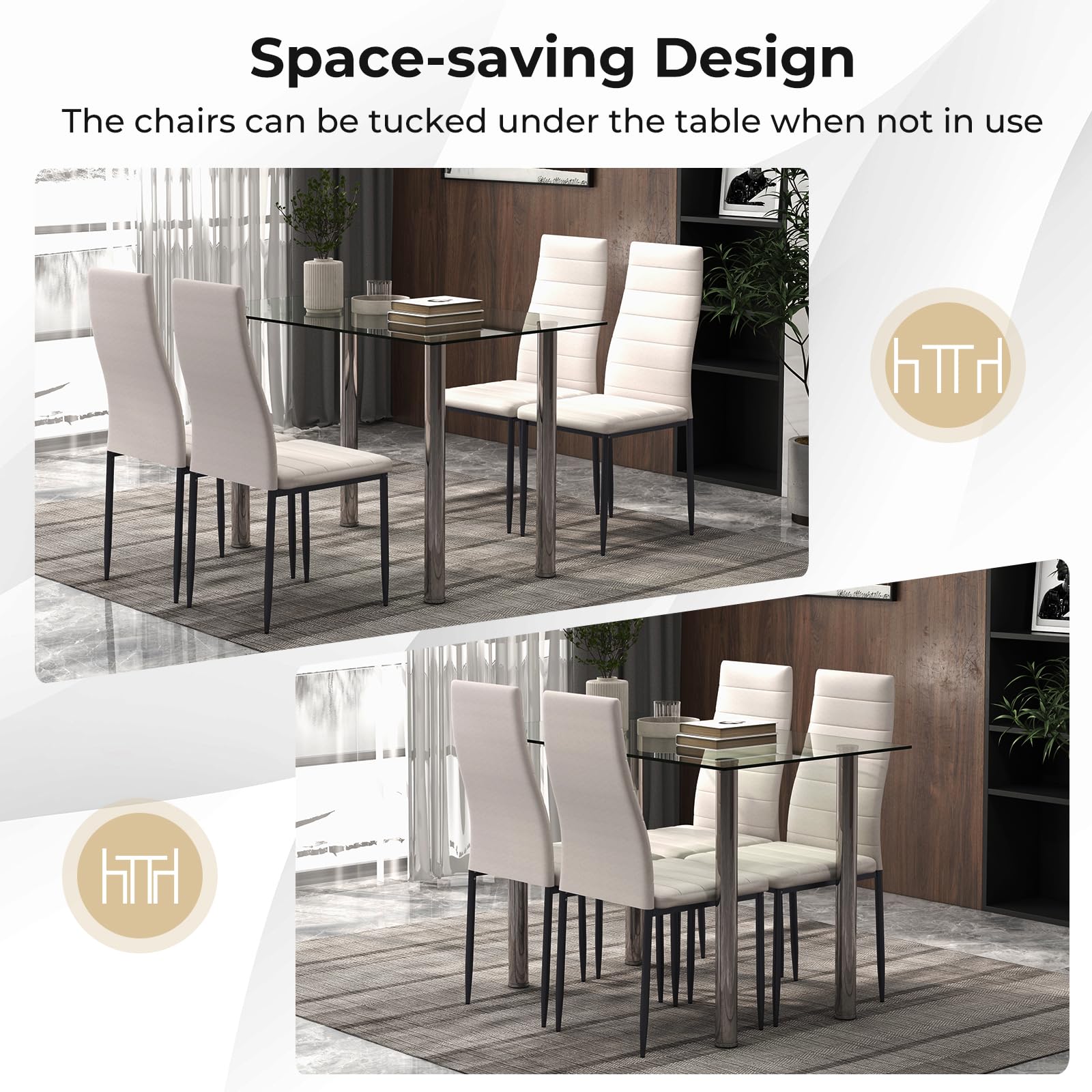 KOMFOTT 5 Piece Dining Table Sets, Modern Tempered Glass Top and PVC Leather Chair w/4 Chairs