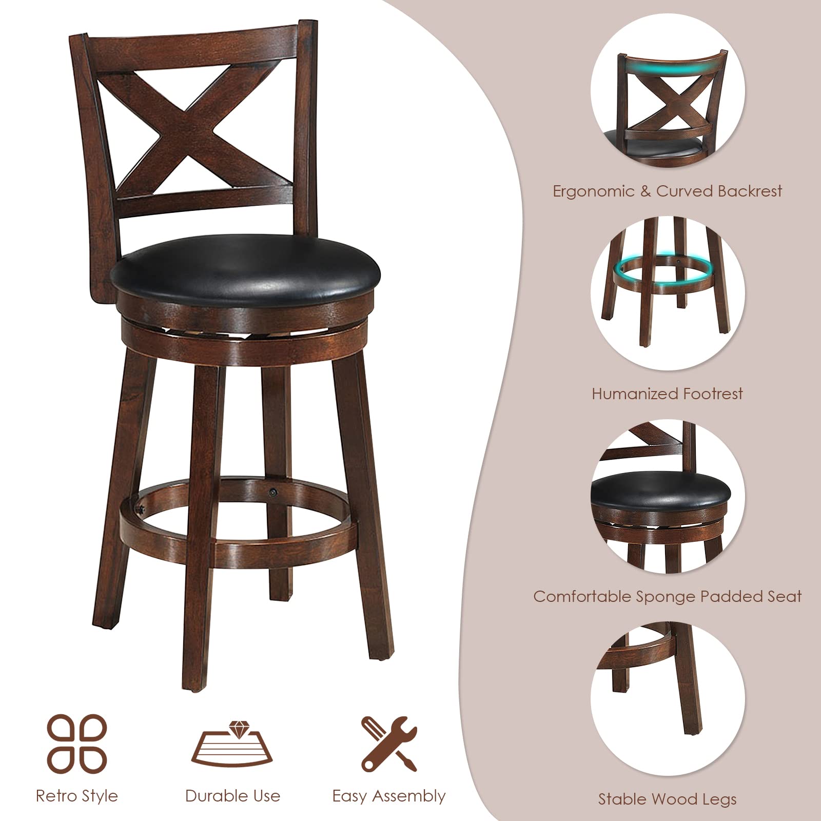 KOMFOTT Bar Stools, Counter Height Dining Chair, Fabric Upholstered 360 Degree Swivel, PVC Cushioned Seat