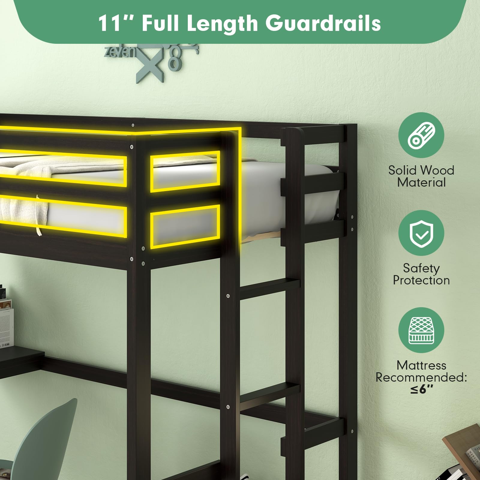 KOMFOTT Twin Size Wood Loft Bed with Desk, 2 Ladders, Full Length Guardrail for Kids Teens Adults